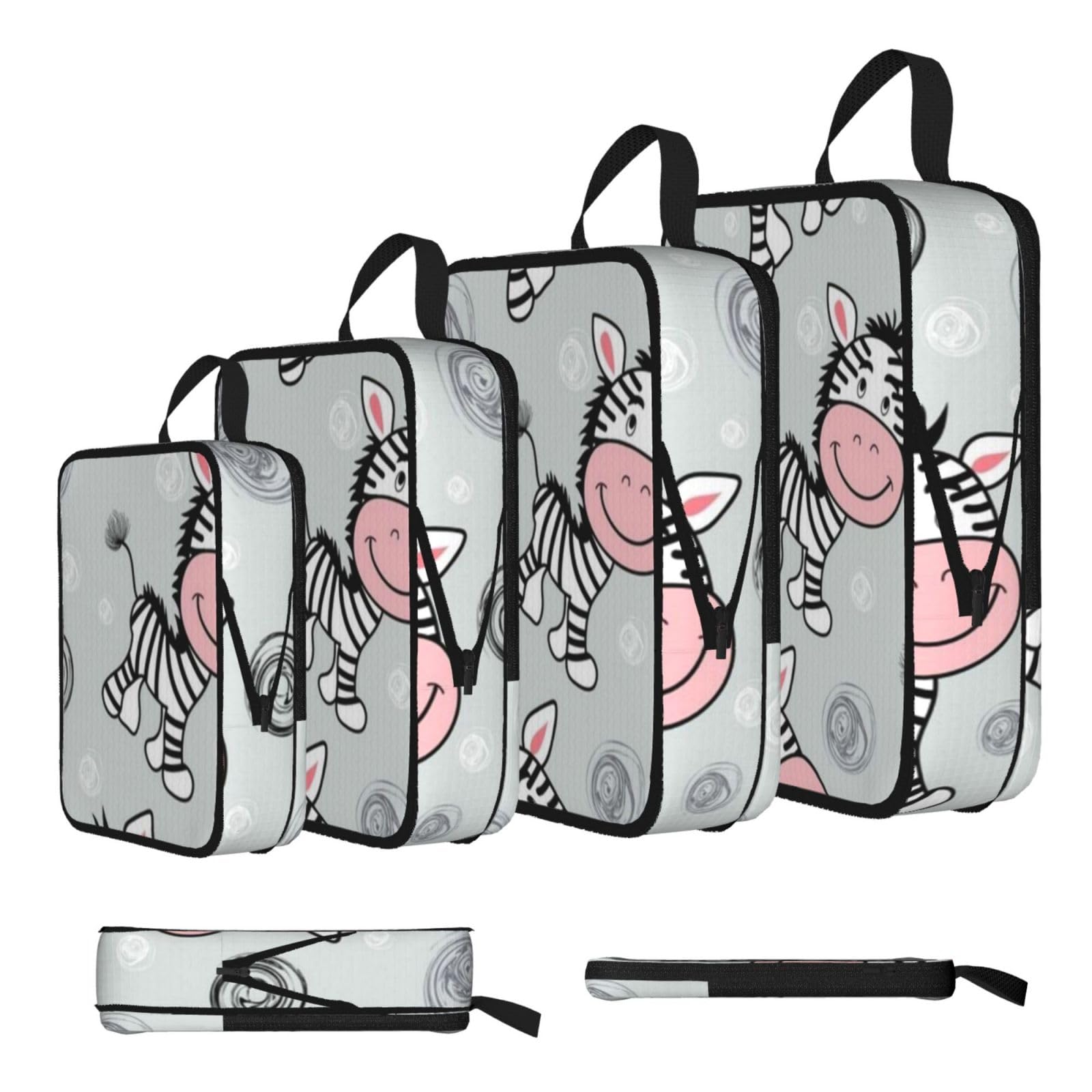 Cute Zebra Print Compression Packing Cubes 4-Piece Set With Multi- Compartment Travel Bag, Waterproof Suitcase Organiser Bags