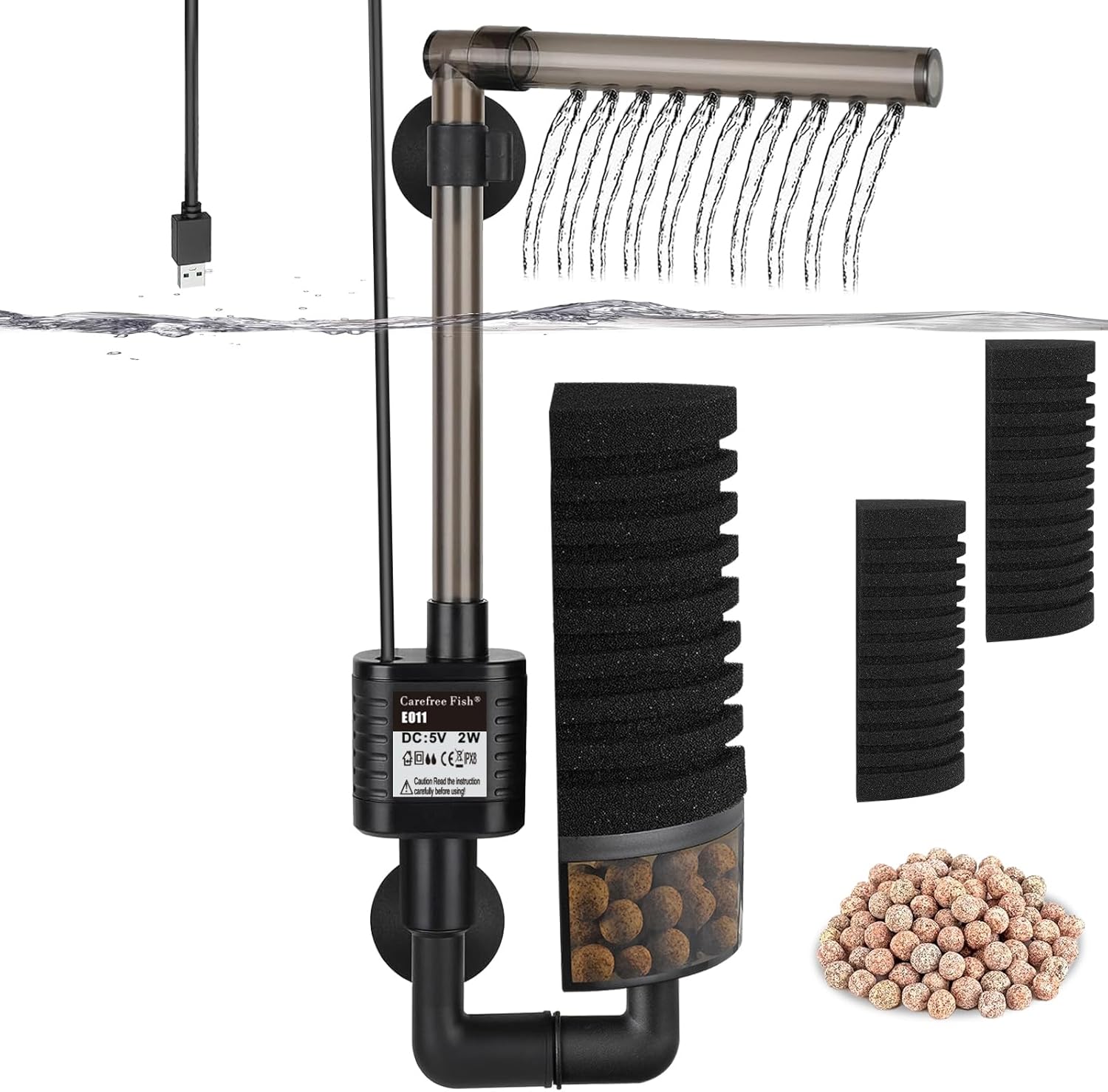 Carefree Fish Aquarium USB Filter Sponge Fish Tank Quiet Bubble Filter with 2 Sponges and 1 Bag of Filtered Ceramic Balls for Salt Water and Fresh Water