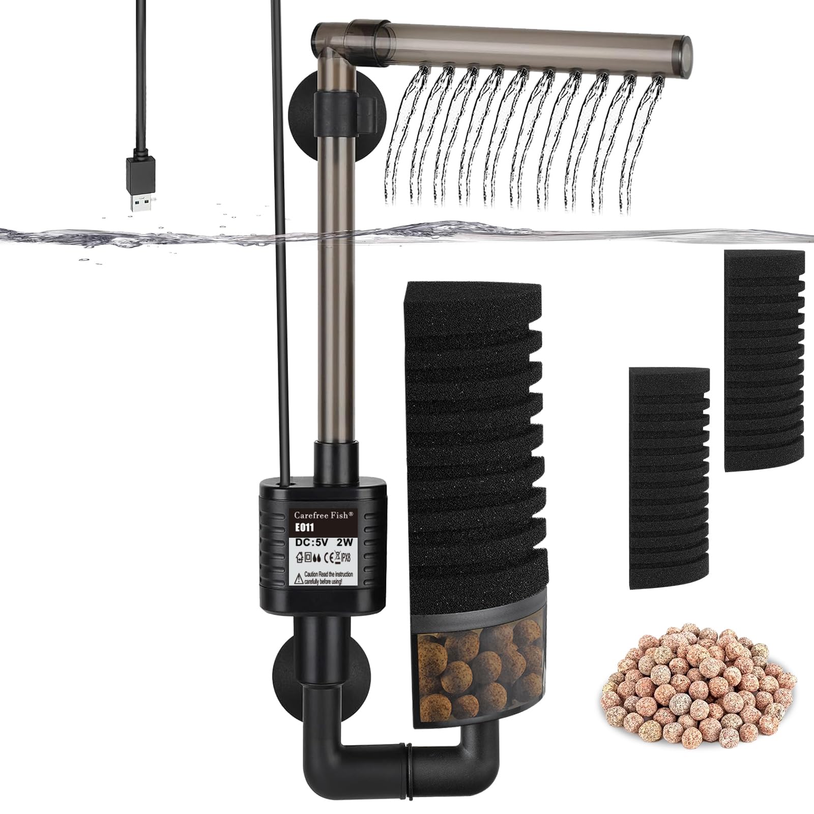 Carefree Fish Aquarium USB Filter Sponge Fish Tank Quiet Bubble Filter with 2 Sponges and 1 Bag of Filtered Ceramic Balls for Salt Water and Fresh Water