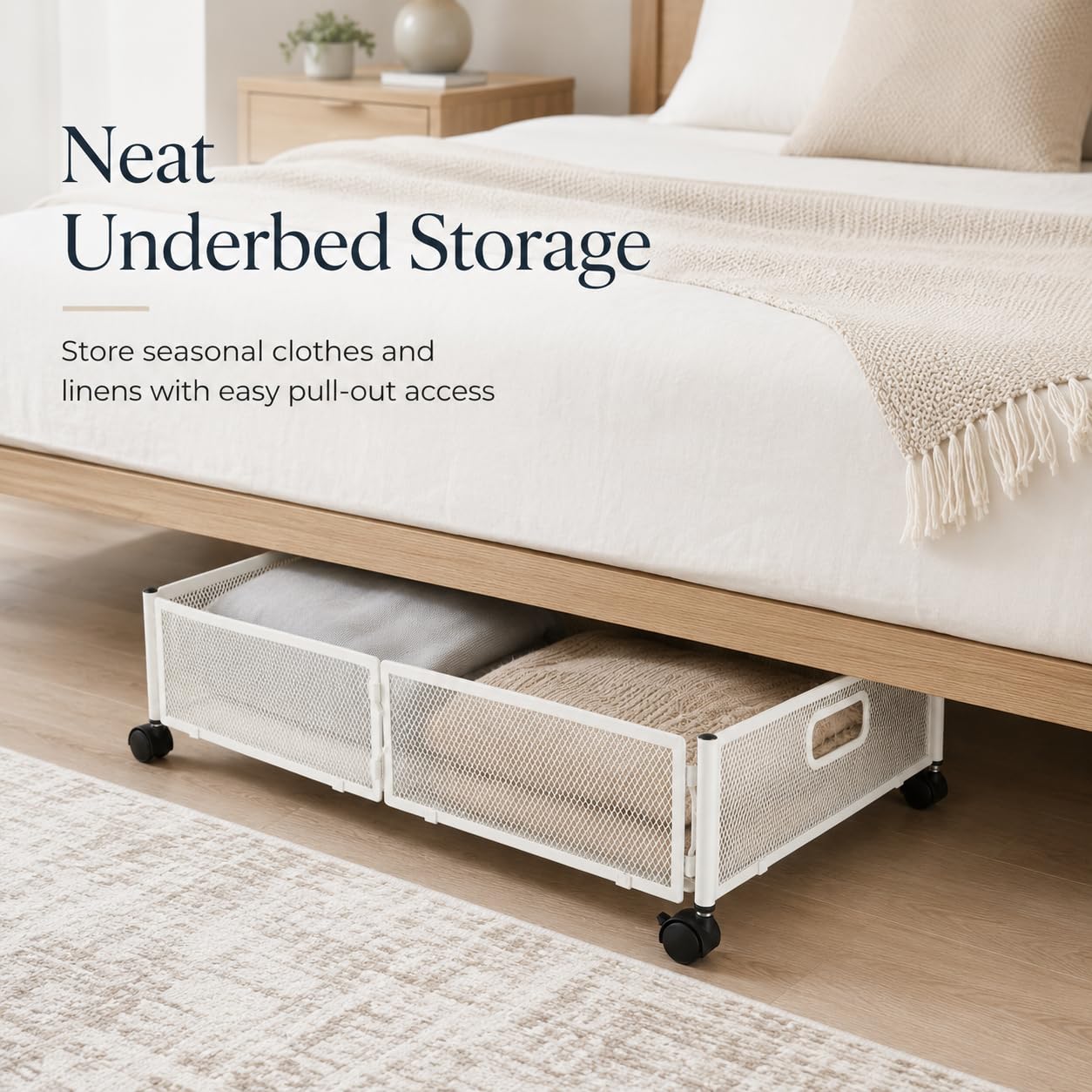 WOPPLXY Cassetto portaoggetti sotto il letto con ruote, in metallo, con ruote, pieghevole, colore: bianco
