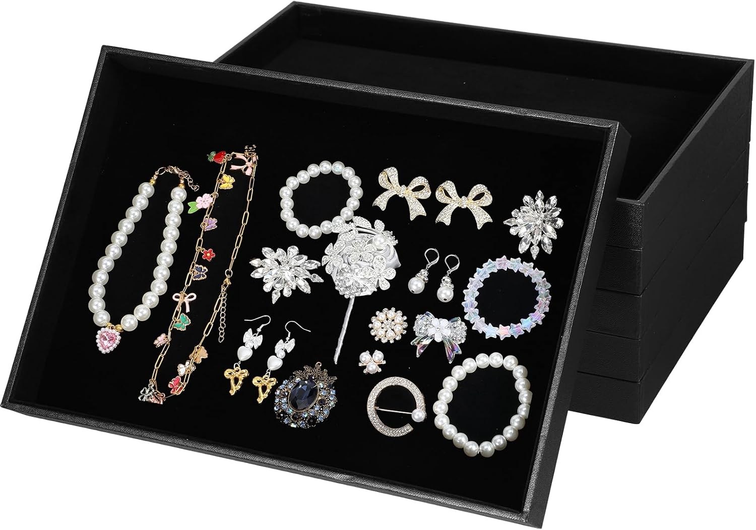 6PCS Black Velvet Stackable Jewelry Trays, Jewelry Organizer Tray for Drawers, Countertop & Dresser, Soft Showcase Trays for Rings, Necklaces, Earrings (Velvet Lining)