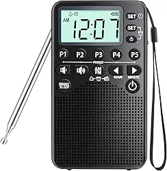 Rádio AM/FM Portátil com Tela LCD, Alto-Falante, Predefinição, Temporizador de Sono, Despertador, Soneca, Operado por Bateria, Preto