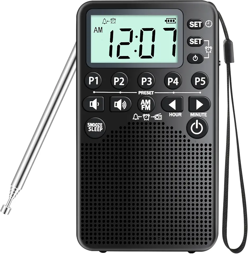 Rádio AM/FM Portátil com Tela LCD, Alto-Falante, Predefinição, Temporizador de Sono, Despertador, Soneca, Operado por Bateria, Preto