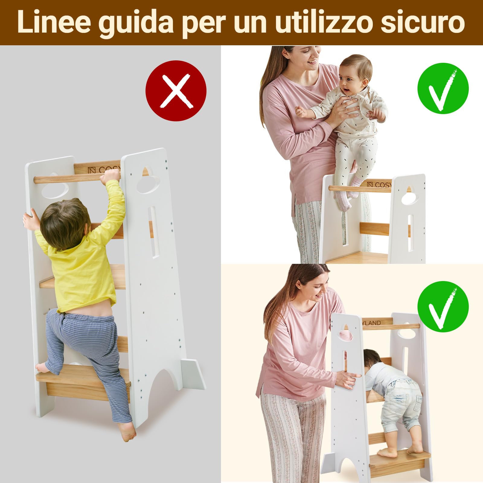 COSYLAND Torre Montessoriana Bambini 1 Anno – Torretta Montessoriana Legno Spesso Regolabile 3 Altezze Bianco Classico Naturale