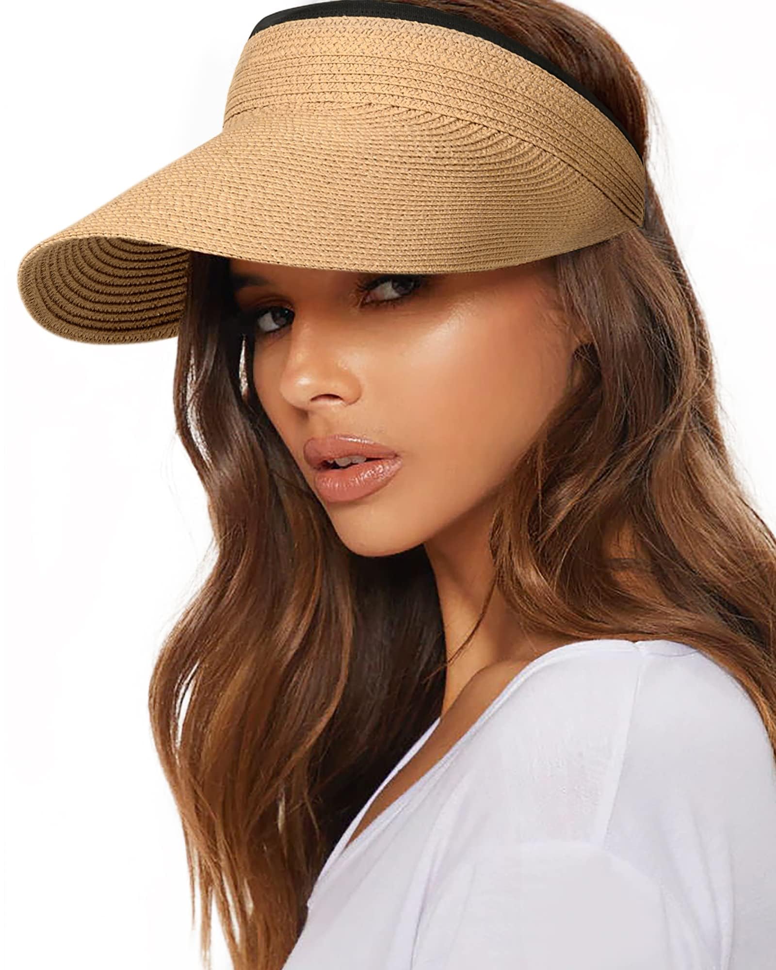 FURTALK Womens Sun Visor Hat Straw Sun Visors for Women Summer Packable Ponytail Beach Hats for Women Travel UPF 80+