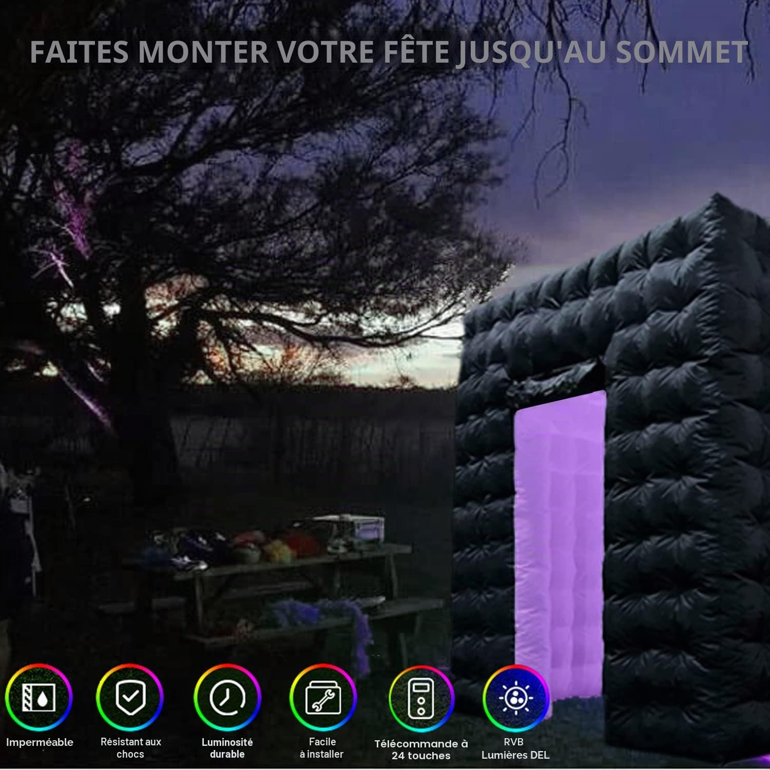 Cabine photo gonflable 2,5 x 2,5 m, portable, 16 couleurs, LED à intensité variable, pour photobooth, kit de tente avec 2 portes et souffleur d'air intérieur, télécommande, sac de transport (noir)