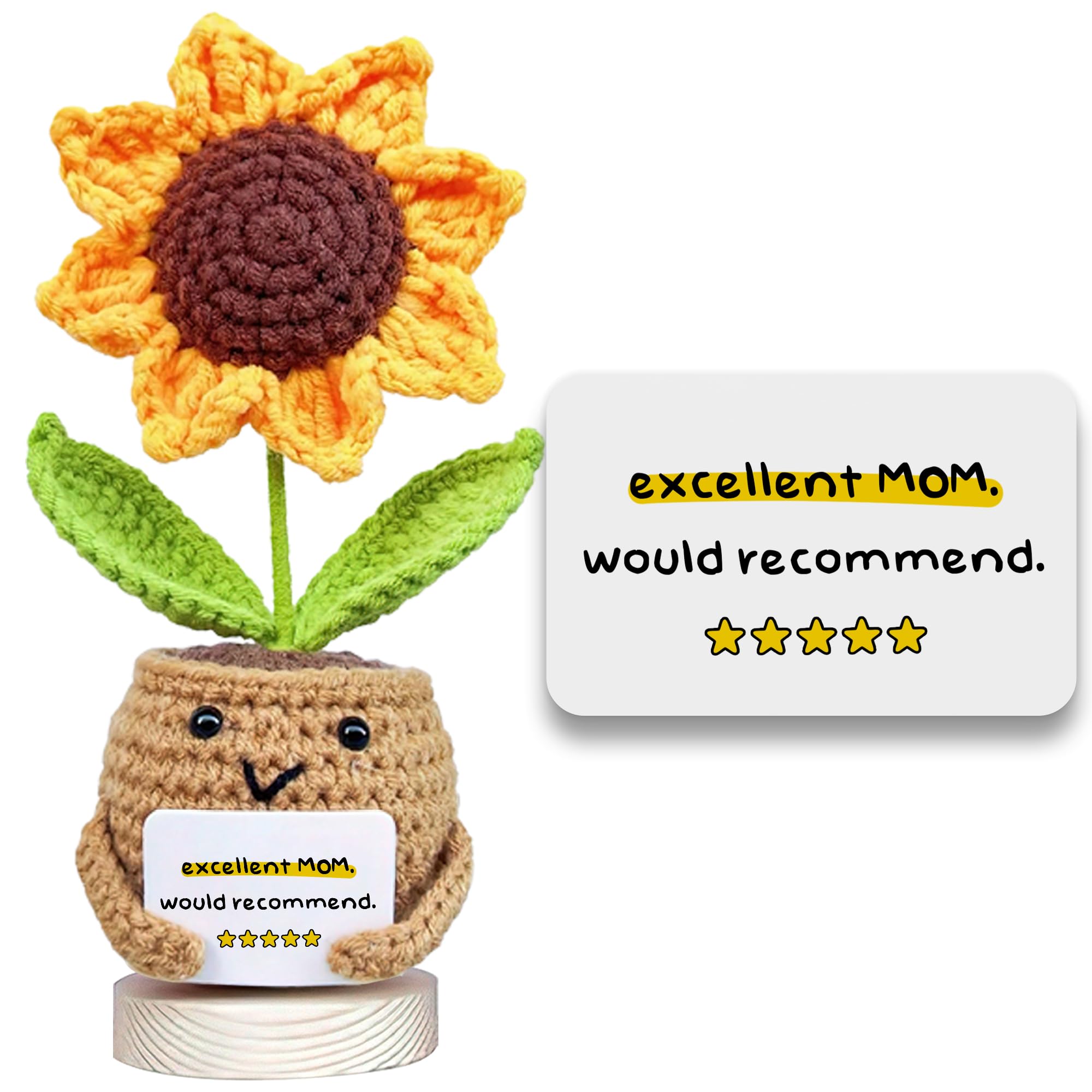 Gossby Gift for Mom - Handmade Positive Sunflower Doll Crochet with Card - Excellent MOM Would Recommend - Mother Gift from Daughter, Son, Kid -