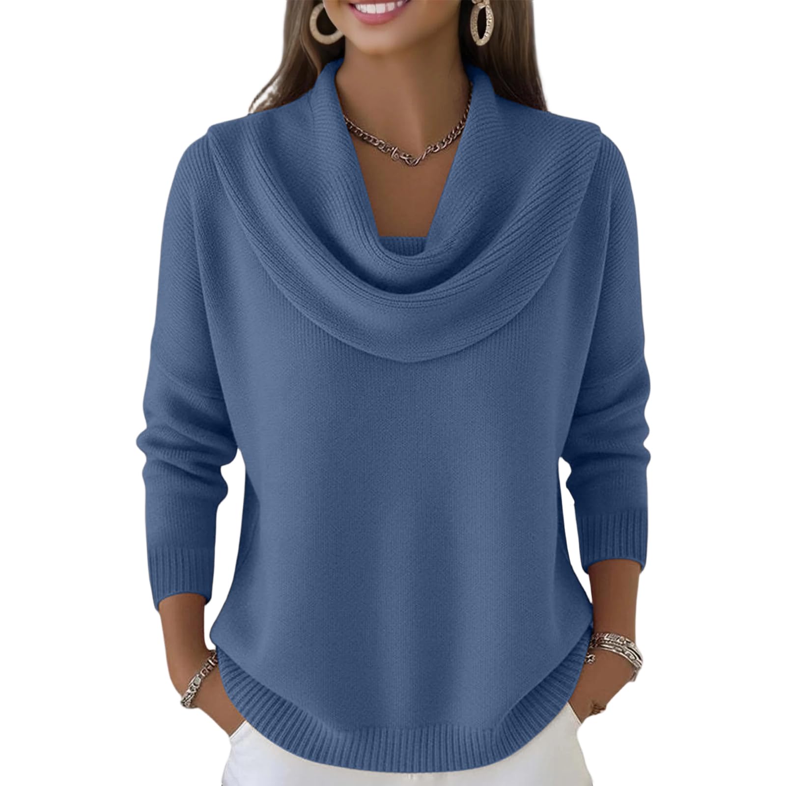 Cowl Neck Sweaters for Women Fall Winter Lightweight Long Sleeve Sweater Casual Loose Basic Knit Pullover Tops