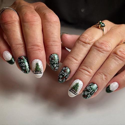 Christmas Glossy Green Xmas Tree False Nails with Designs -