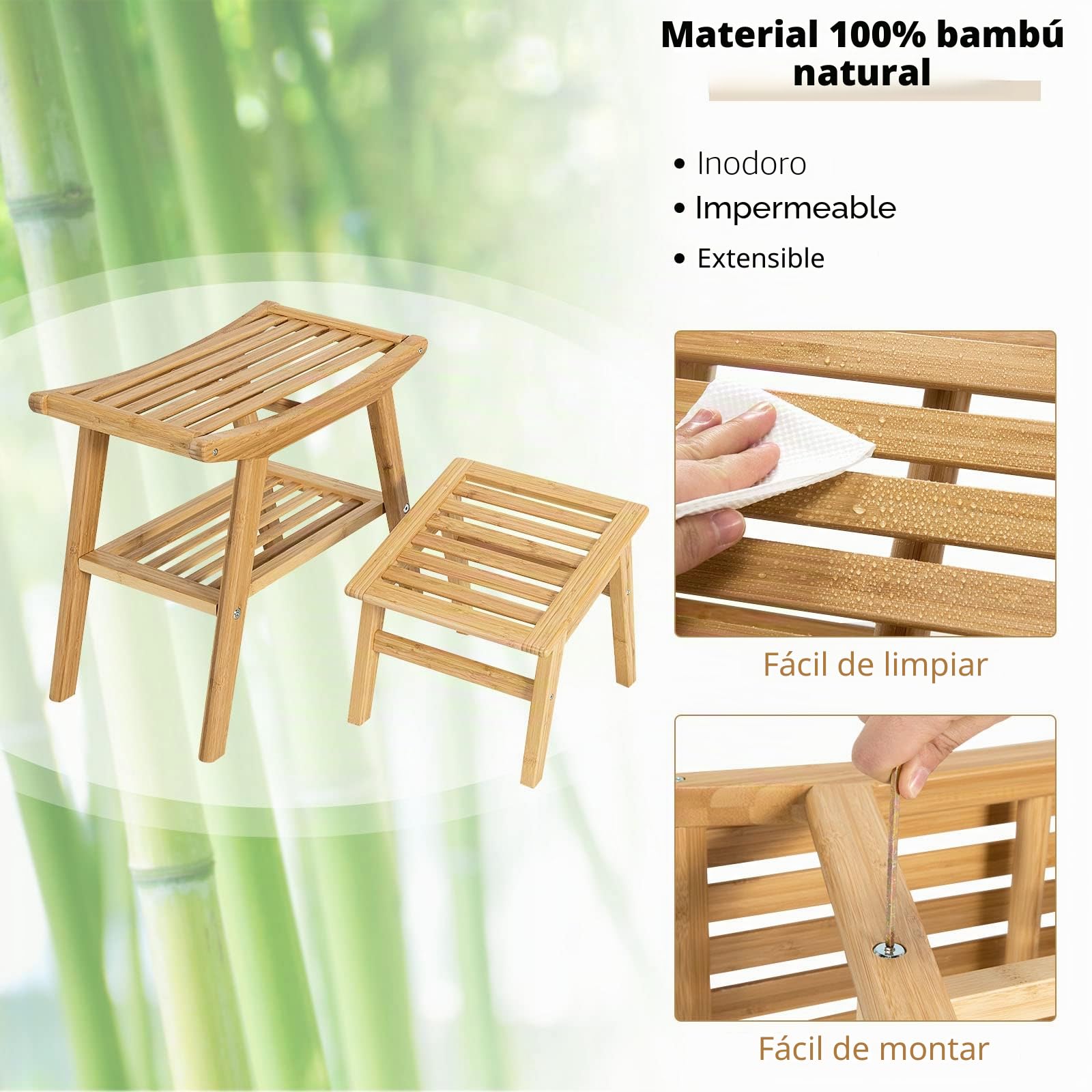 RELAX4LIFE Banco de ducha con reposapiés de bambú, banco con estante, asiento de baño con pies antideslizantes, soporta hasta 150 kg, ayuda para el baño para mujeres embarazadas y mayores, color