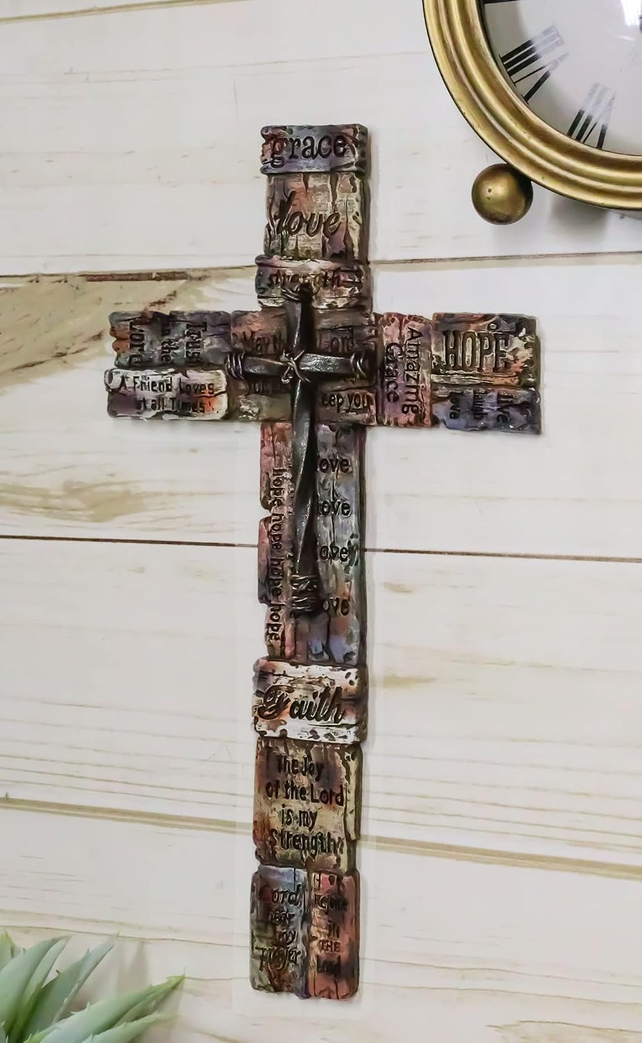 Ebros Gift Rustic Western Christian Holy Bible Scripture Inspirational Words of Encouragement Friendship Faith Hope Love Grace Affirmation Wall Cross Plaque Decor Sculpture 12" H