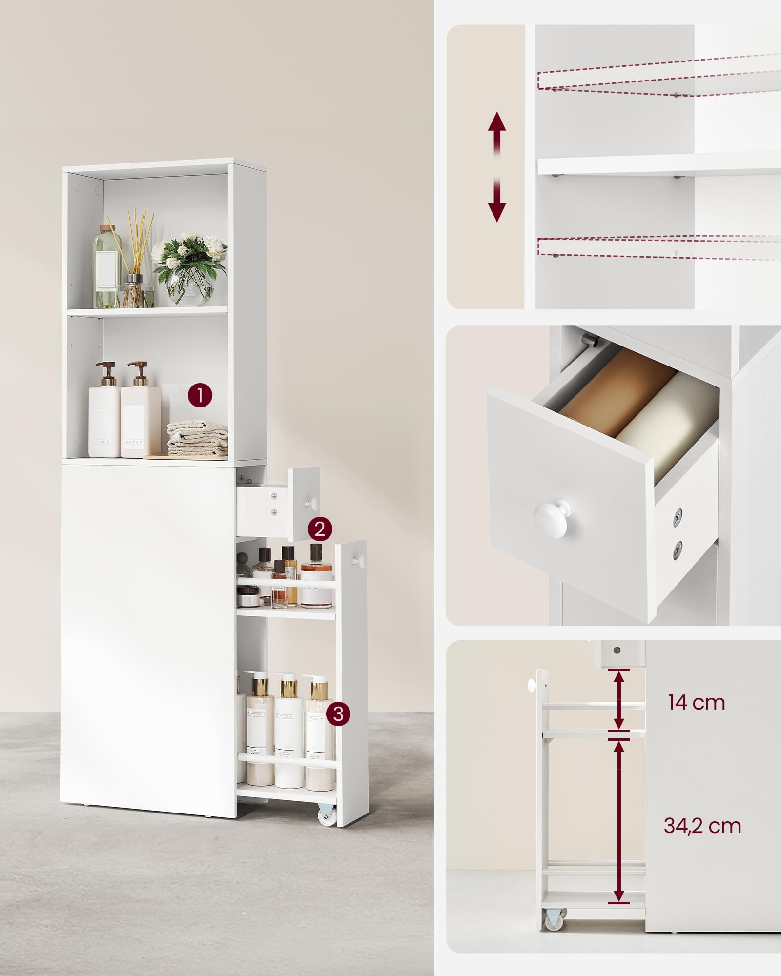 Opbergmeubel met lades en verstelbare planken, keuken, badkamer, entree
