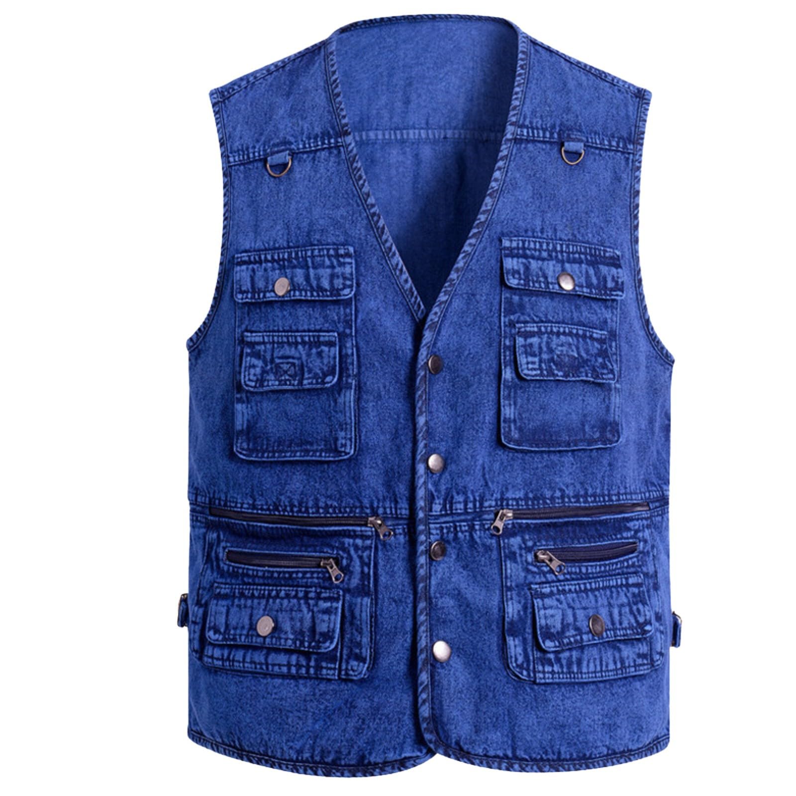 Chaleco para hombre con muchos bolsillos vaqueros, chaleco vaquero para hombre, motorista, tallas grandes, chaleco de trabajo, cuello en V, chaleco para exteriores, con tira de botones, sin mangas