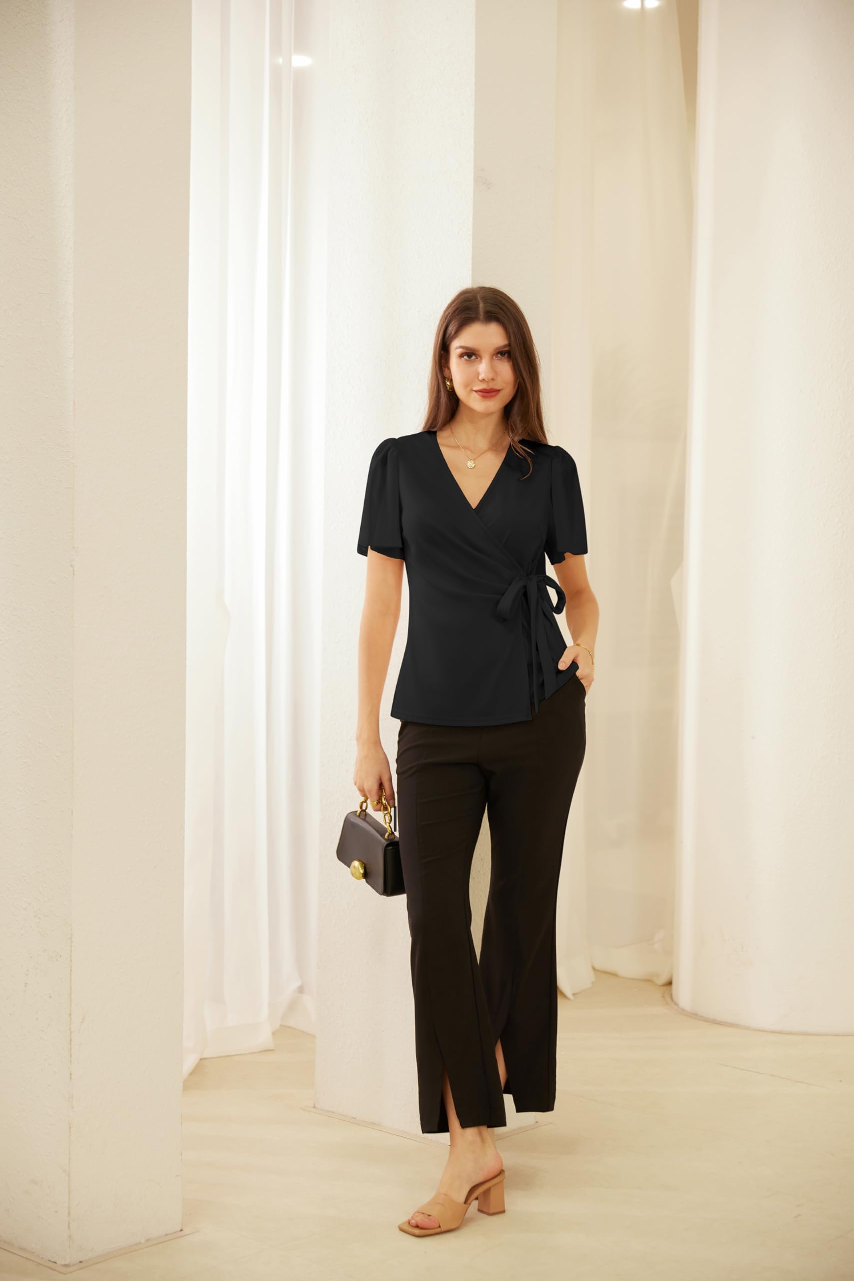 GRACE KARIN Blouse d'Été à Manches Courtes Volantées pour Femme Haut Uni Col Croisé en V avec Lacet à la Taille Top Femme Chic et Élégant Cache-Cœur Casual
