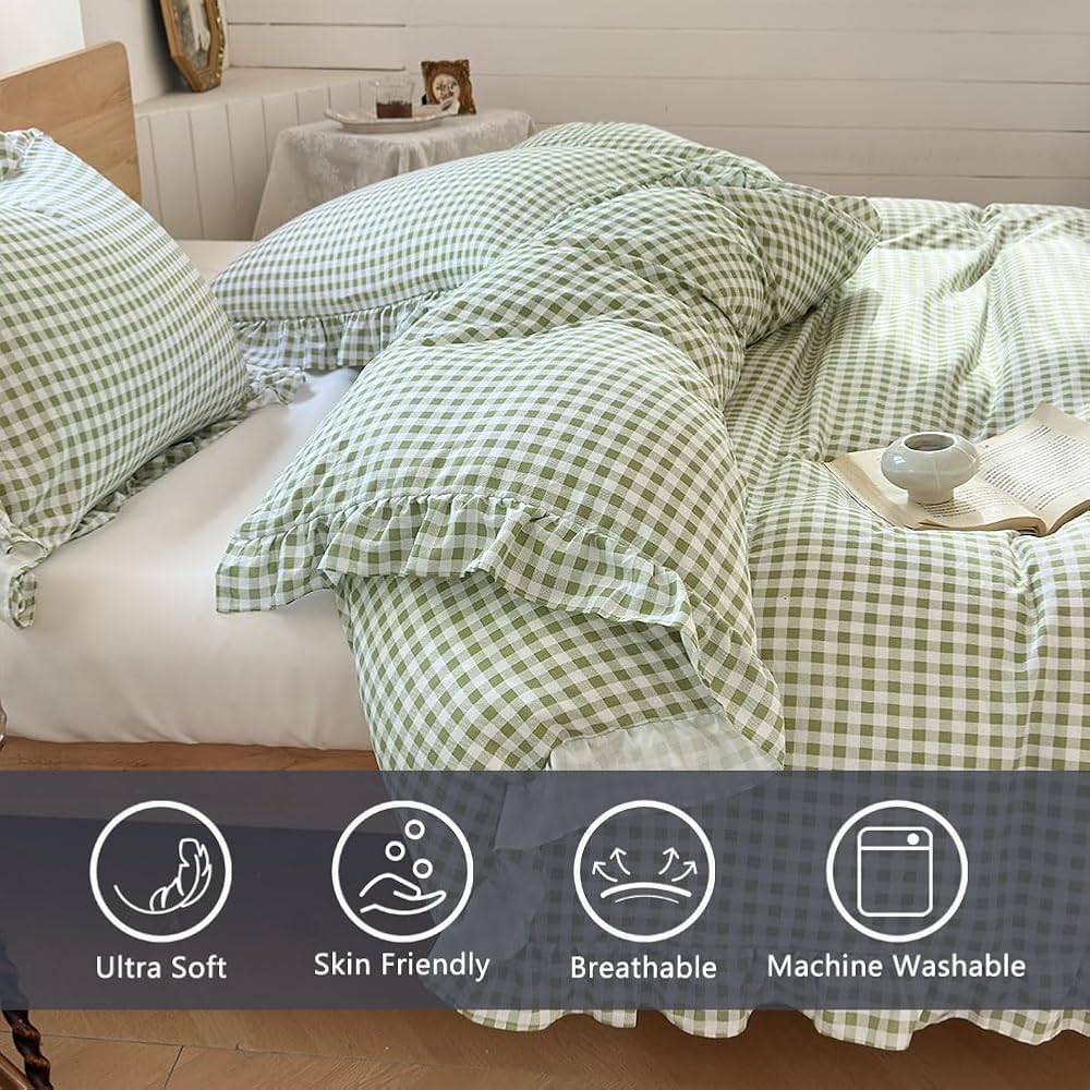 NSNLGSGC Sage Green Gingham Ruffle Duvet Cover King Size, 3