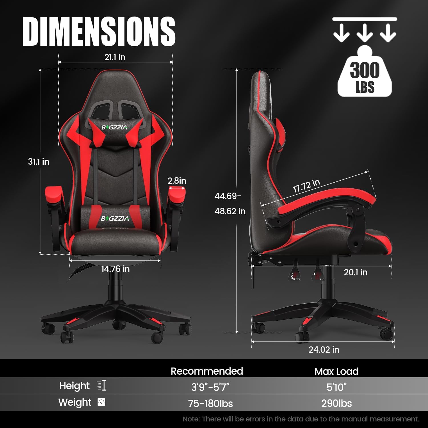 Bigzzia Gaming Chair, Computer Game Chair with Lumbar Support, Comfortable Video Game Chairs for Adults Kids, Racing Style Gamer Chair with 360°-Swivel Seat and Headrest （Red）