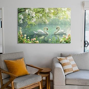 Amazon.co.jp: 絵画 春の湖畔で遊ぶ二羽の白鳥 アートパネル ポスター