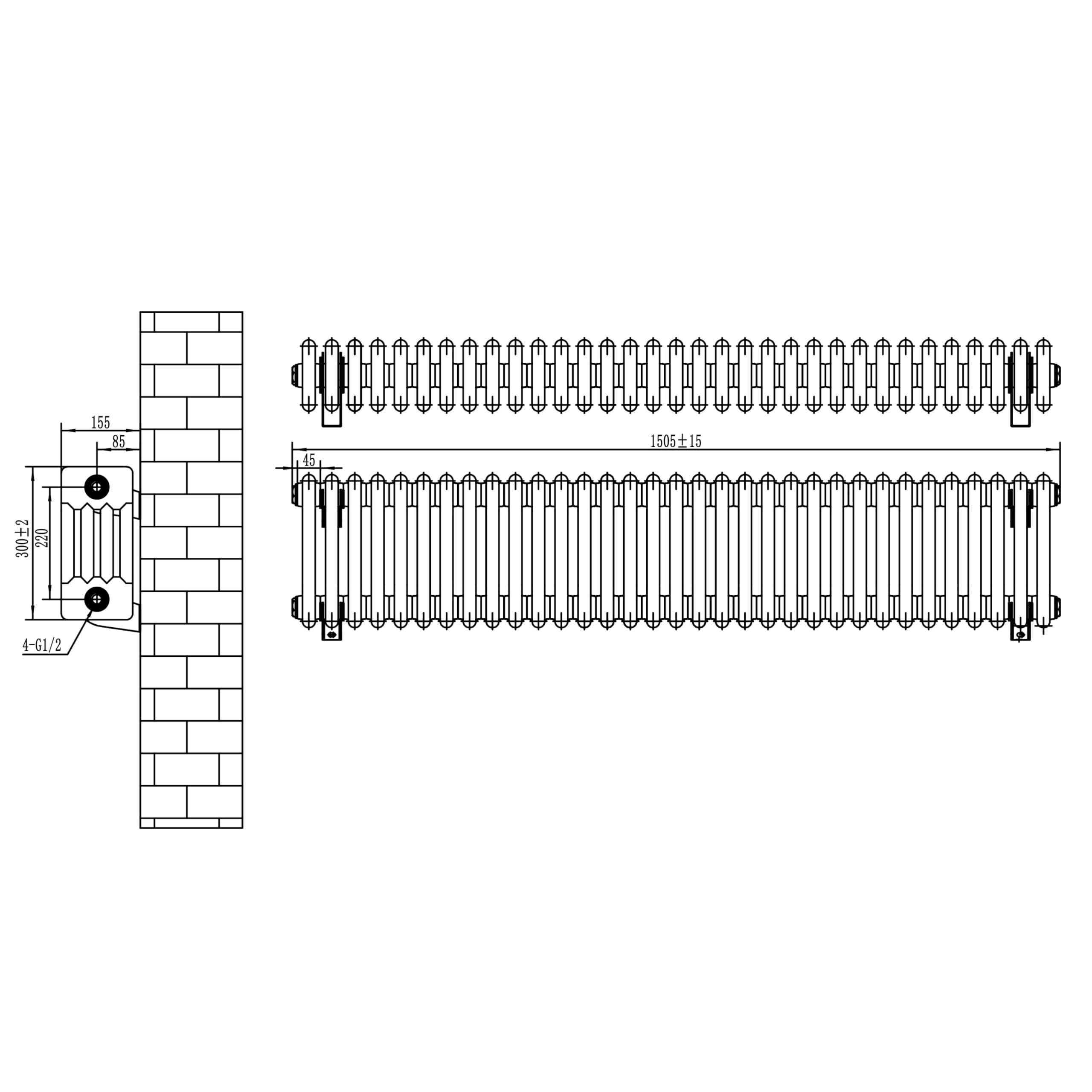 Röhrenheizkörper 4 Säulen mit TRV Chromventilen 300 x 1505mm Anthrazitgrau