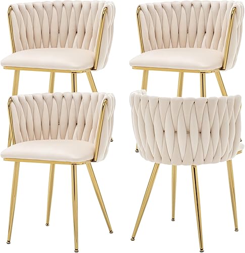 Juego de 4 sillas de comedor de terciopelo, modernas sillas de comedor tejidas tapizadas con patas de metal dorado, sillas decorativas modernas para