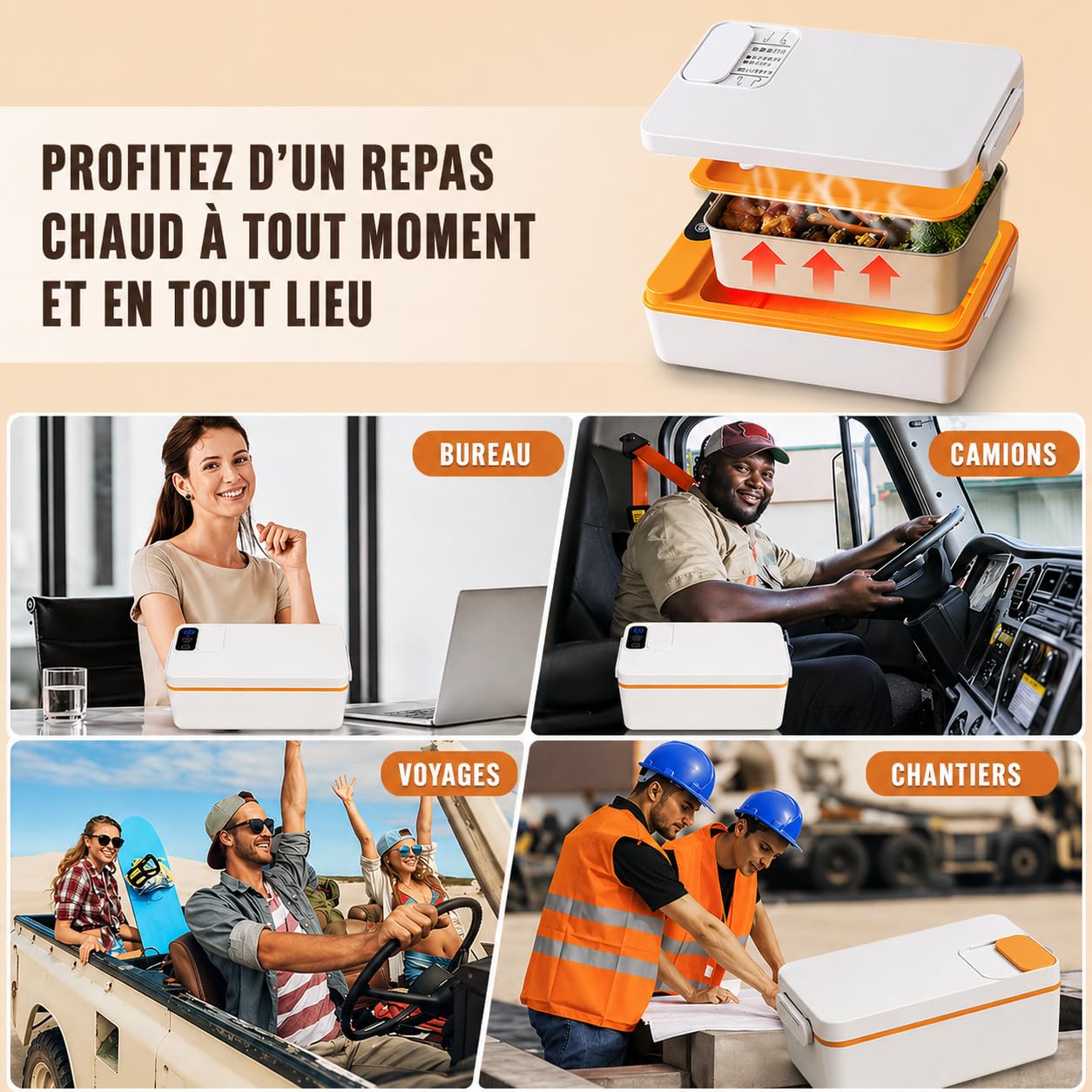 Boîte Repas Électrique Sans Fil 1L avec Batterie 12000mAh, Lunch Box Chauffante Portable, Chauffe-Plat Inox avec Écran et Minuterie, pour Travail, Bureau, Voiture, Camping