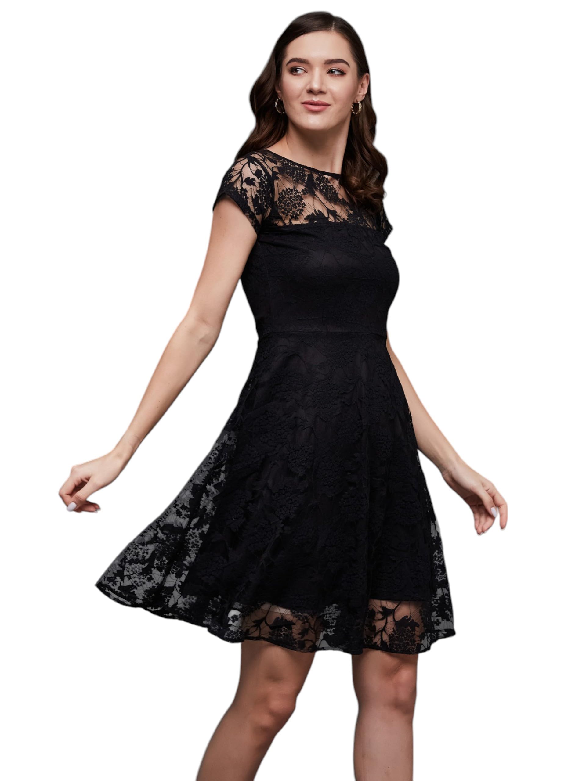 Miss Chase Women's Round Neck Cap Sleeves Low Back Lace Skater Dress (Mcss25D93-21-594-05, Ultimate Black, L)