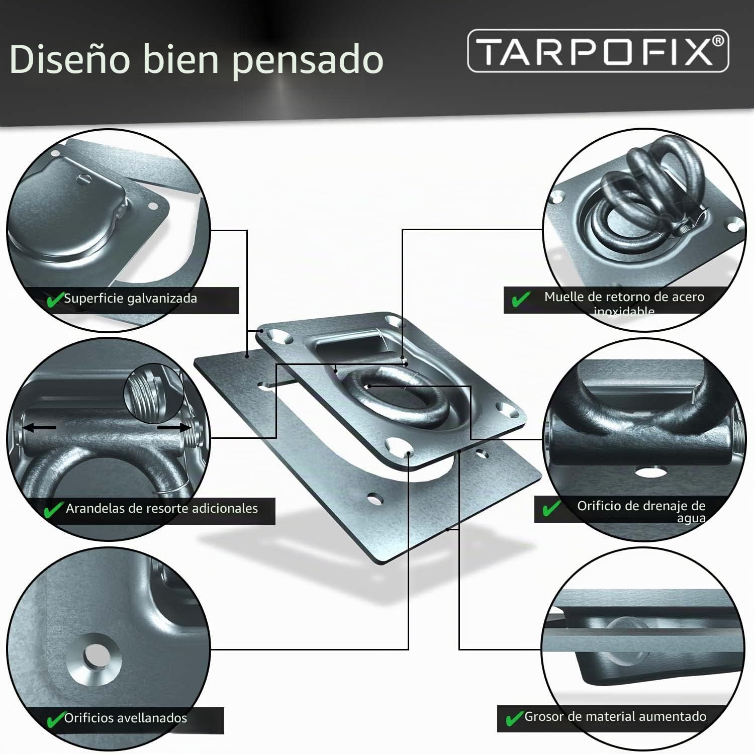 Tarpofix® Anillos de Amarre para Remolque con Contraplacas y Tornillos (6 Unidades) - Huecos Robustos con Fuerza de Tracción de 800 daN por Gancho - Rosas