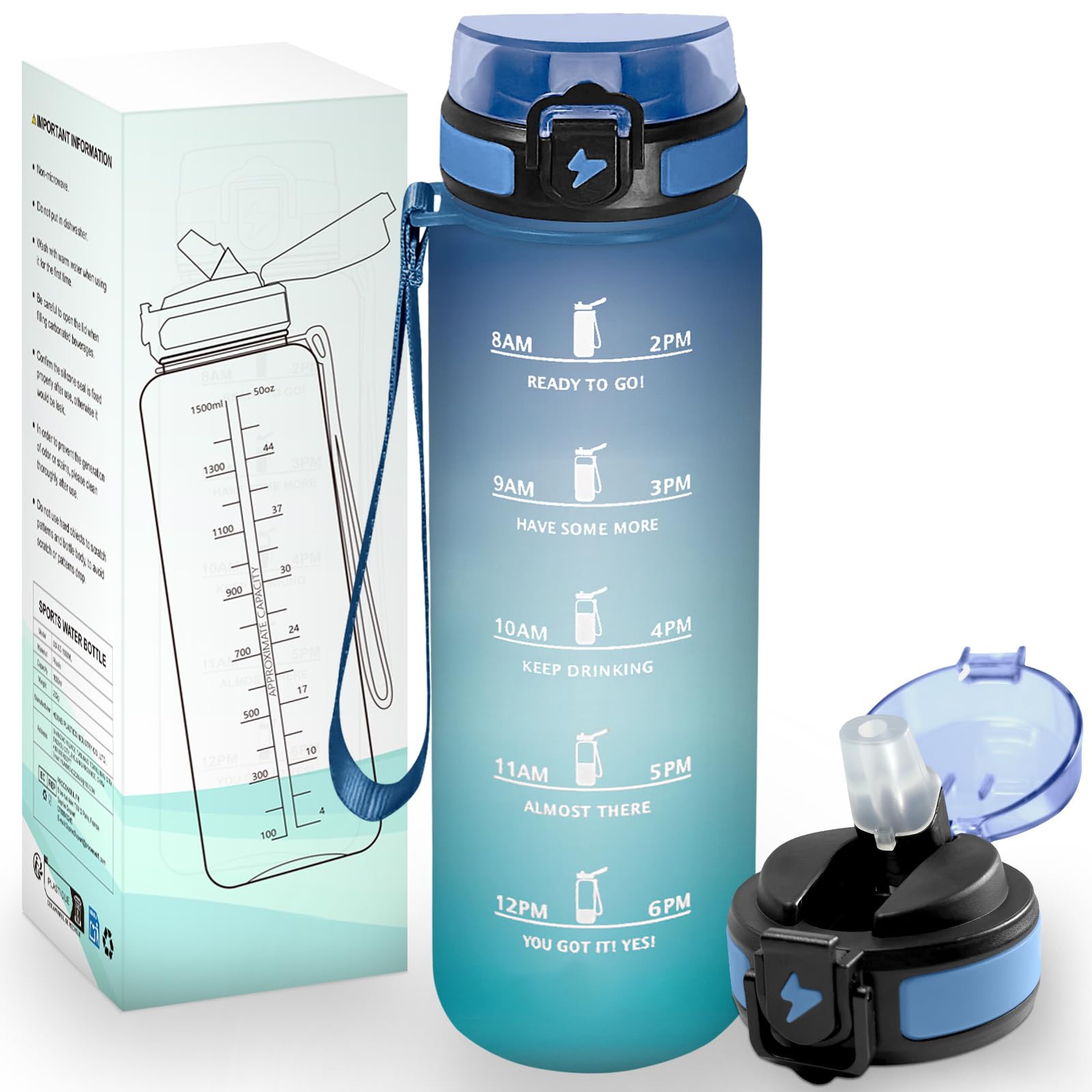 HoneyHolly Trinkflasche 1500ML, BPA-Frei, Trinkflasche Kohlensäure Geeignet, Wasserflasche Auslaufsicher, Sportflasche mit Strohhalm, Wasserflasche Sport für Outdoor, Wandern, Fitness, Radfahren