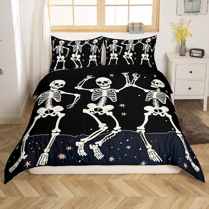 Erosebridal Sugar Skull Bedding Set Full, Skeleton Bones Comforter Cover for Kids Boys Girls Teens Adult, Halloween Horror Theme Duvet Cover Gothic Spooky Starry Sky Bedspread Cover, Black White