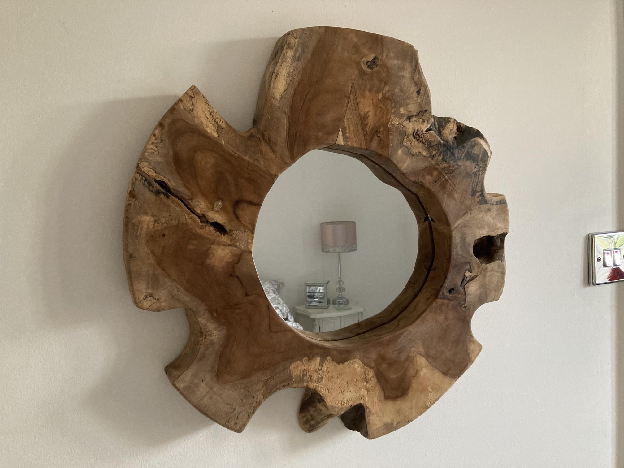 Maisonica 40Cm Real Tree Slice Wooden Wall Mirror - Funky Retro Design - Wood Teak Root