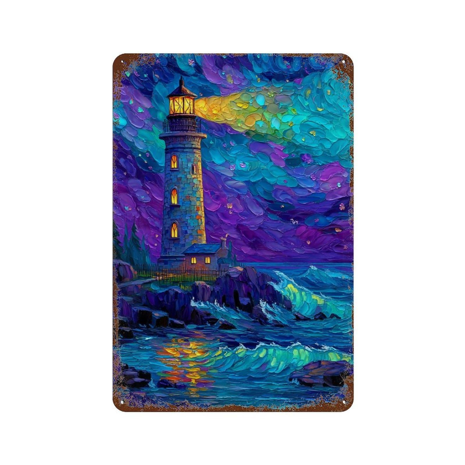Colorful Lighthouse Night Scene 11.8"x7.9" Vintage Rust Metal Sign, Novelty Wall Decor for Living Room, Hallway And Home Decor