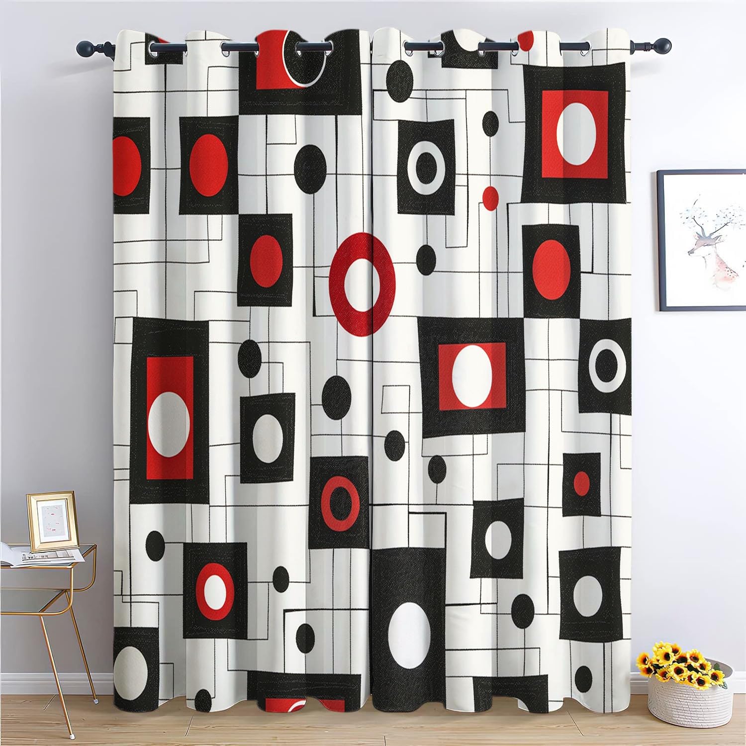 Light-Colored Blackout Curtains, Geometric Square Circle Design Thermal Insulated & Noise Reducing Eyelet Panels for Bedroom, Super Soft Printed Curtains for Living Room 92x54 Inch