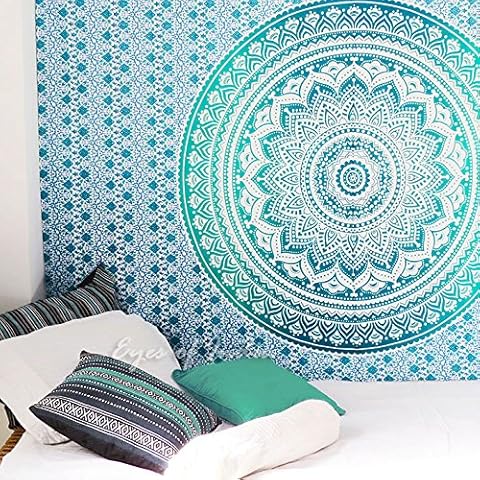 Eyes of India - Small Twin Green White Ombre Mandala Wall Hanging Tapestry Bedspread Beach Blanket Boho Chic Bohemian Accent Indian Handmade Cover