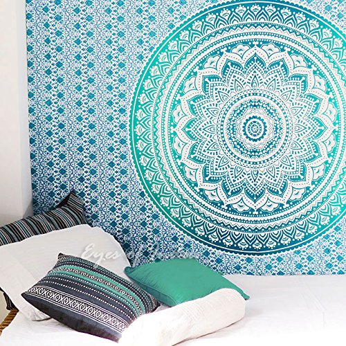 Eyes of India - Small Twin Green White Ombre Mandala Wall Hanging Tapestry Bedspread Beach Blanket Boho Chic Bohemian Accent Indian Handmade