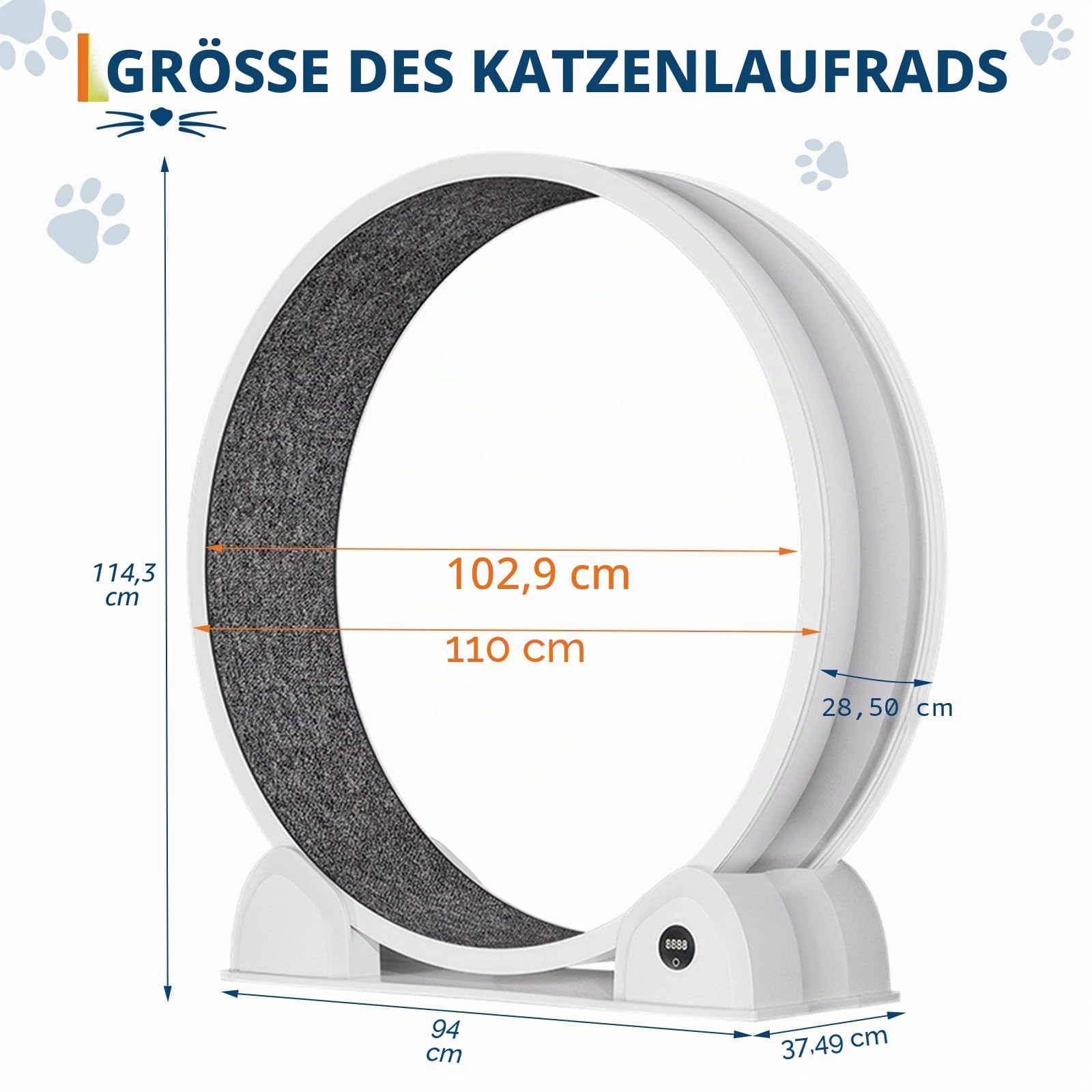 GarveeHome XL Katzenlaufrad 103cm mit Schrittzähler & Kratzbrett - Super Leises Laufrad für Große Katzen bis 12kg, Abnehmbarer Teppich, Ideal für Gewichtsreduktion und Gesundheit - A