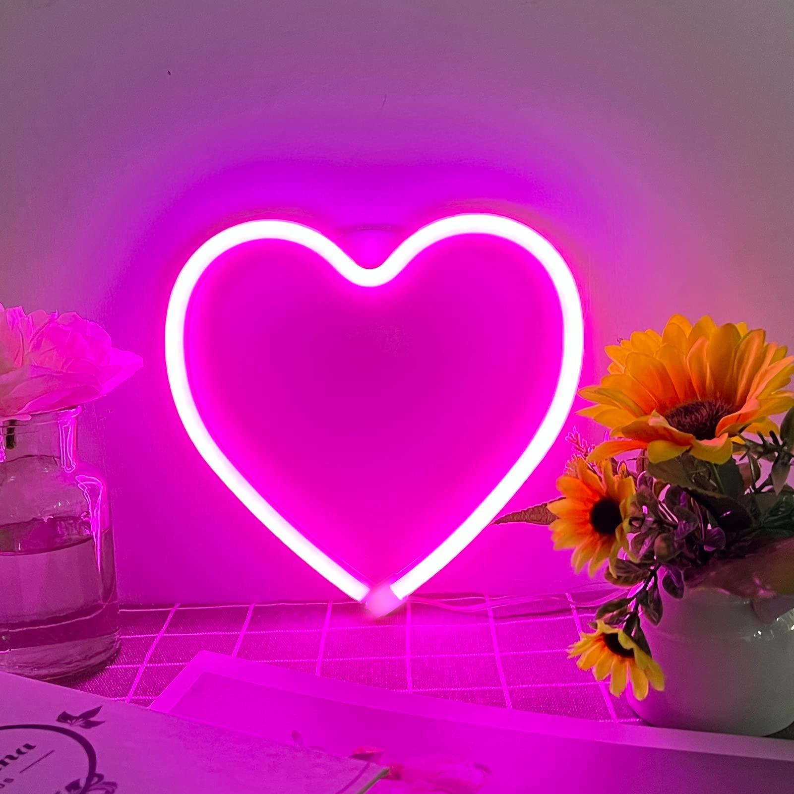 Pink Heart Neon Sign, Neon Heart Light for Wall Decor, Love Hearts LED Light up Sign 13.4×13 Inch Dimmable USB Powered Romantic Light Sign for Bedroom Valentine's Kids Room Wedding Party Decoration