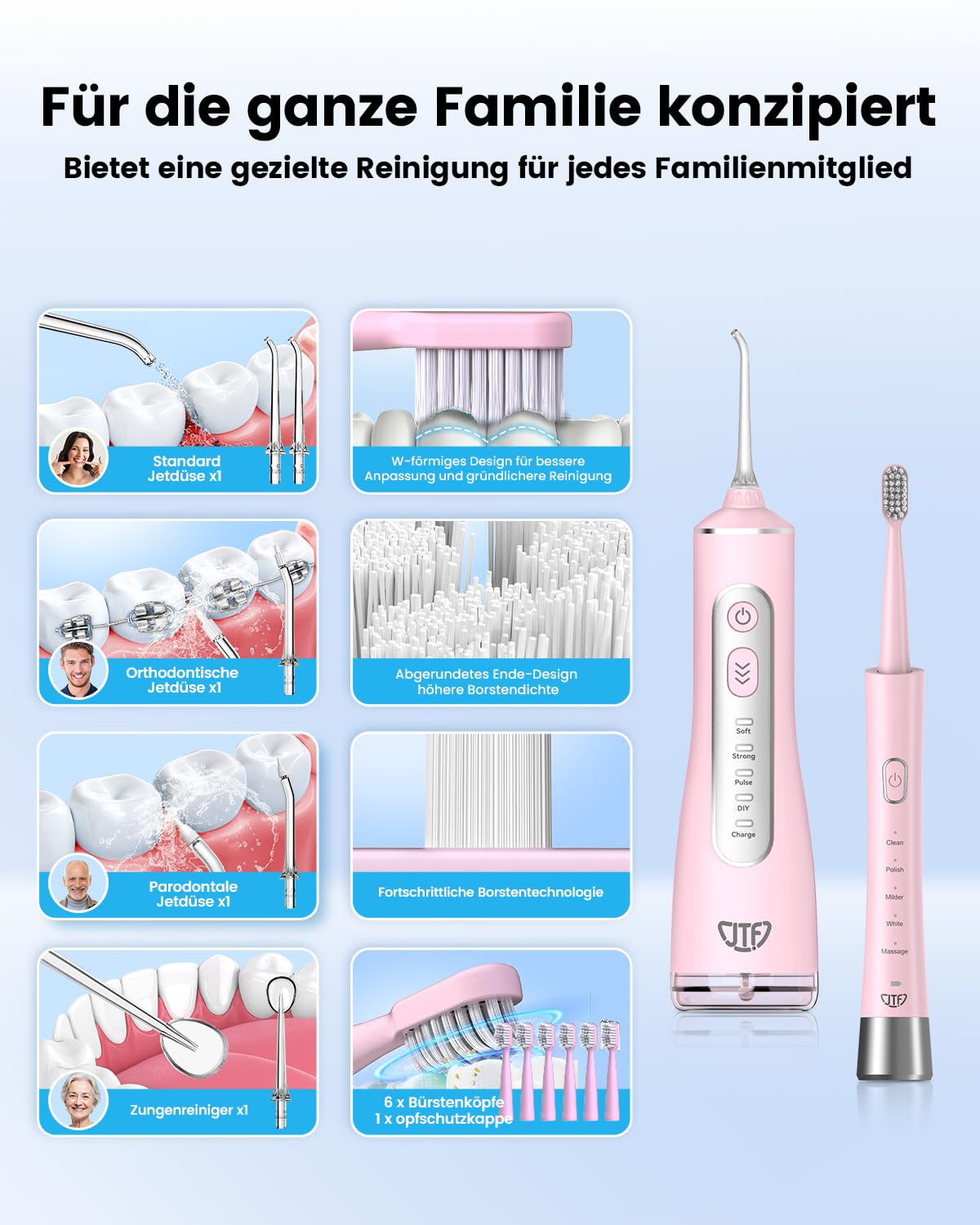JTF Spazzolino elettrico e idropulsore 2 in 1, set per la cura dei denti – Spazzolino sonico 5 modalità e idropulsore 3+ modalità fai da te, 5 ugelli + 6 testine per spazzola, apparecchi dentali e