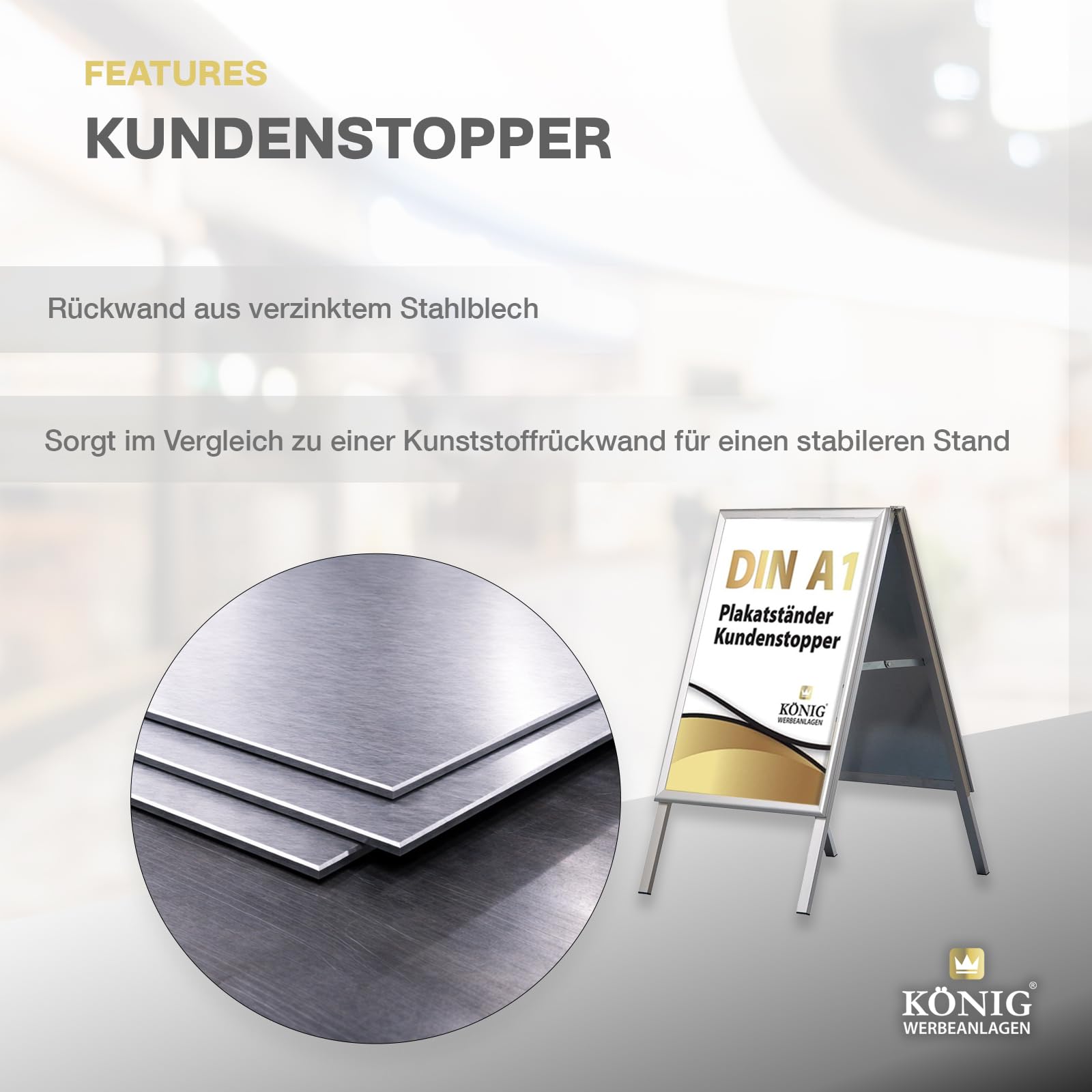 Plakatständer Keitum DIN A1 silber | Ecken auf Gehrung | beidseitig für 2 Plakate | Rückwand aus verzinktem Stahlblech | entspiegelte Schutzscheiben | wetterfest | Kundenstopper Gehwegaufsteller