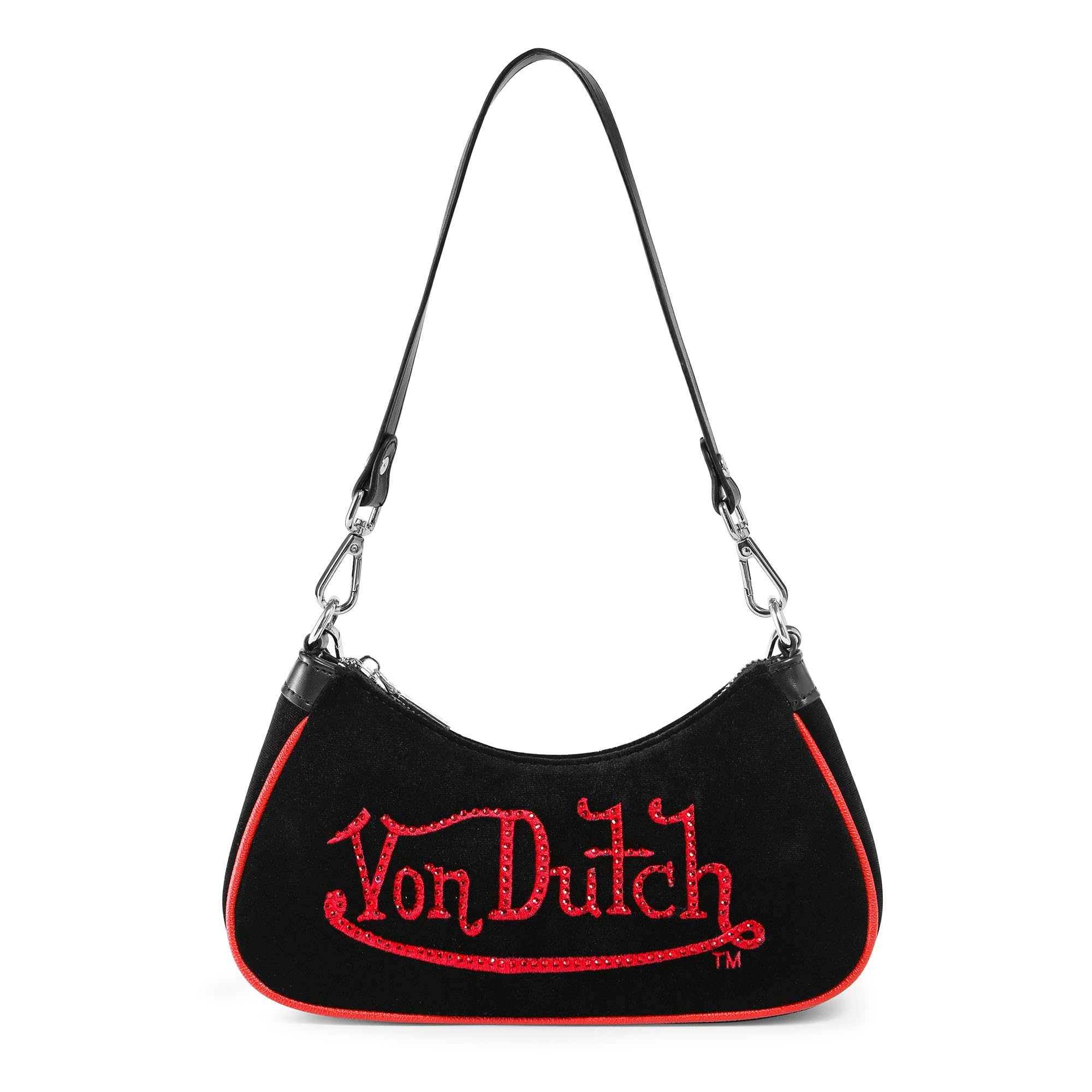 Von Dutch Womens Rhinestone Shoulder Bag – Stylish Handbag with Adjustable Strap, Spacious Interior, and Iconic Logo Design (Black and Red Rhinestone)