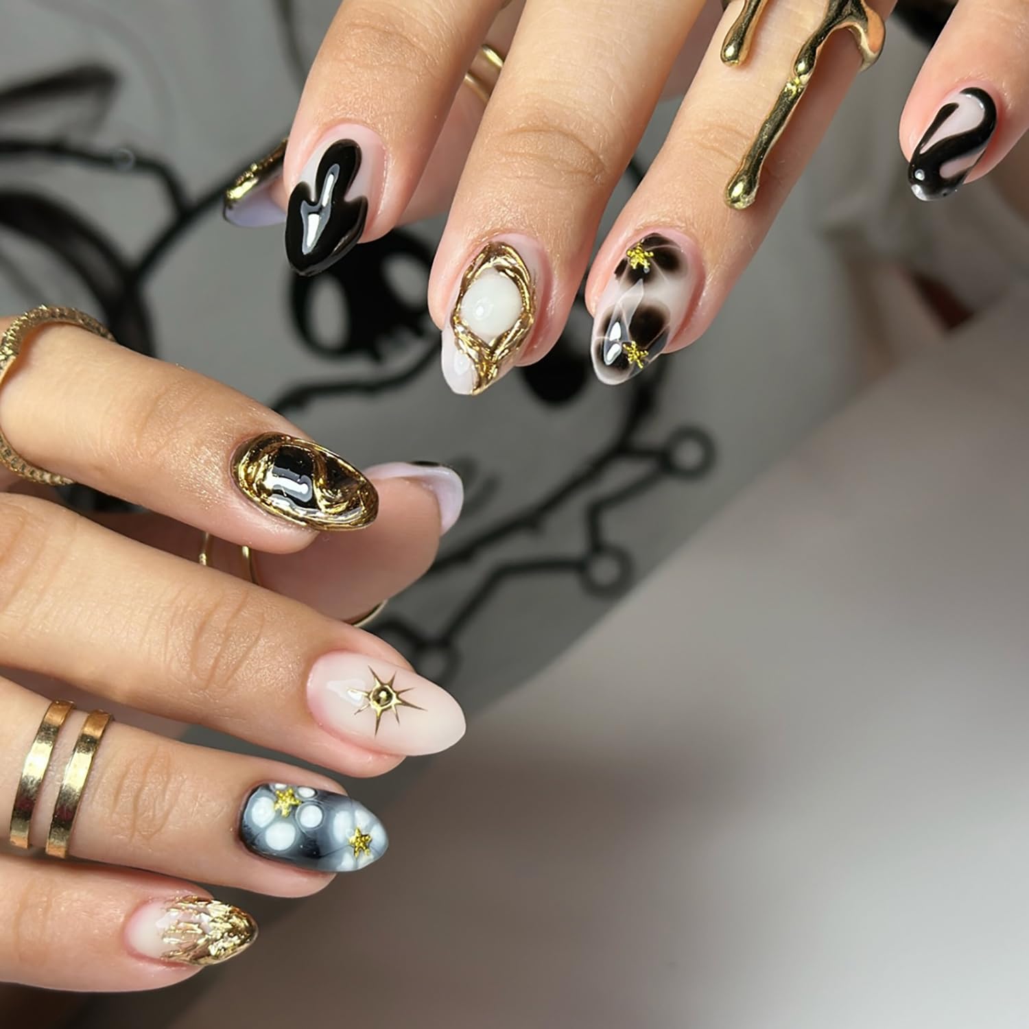 30Pcs Almond Press on Nails Short Fake Nails 3D Gold Chrome French Tip Glue on Nails Black Punk Acrylic Nails Y2K Starfish Star Rhinestones False