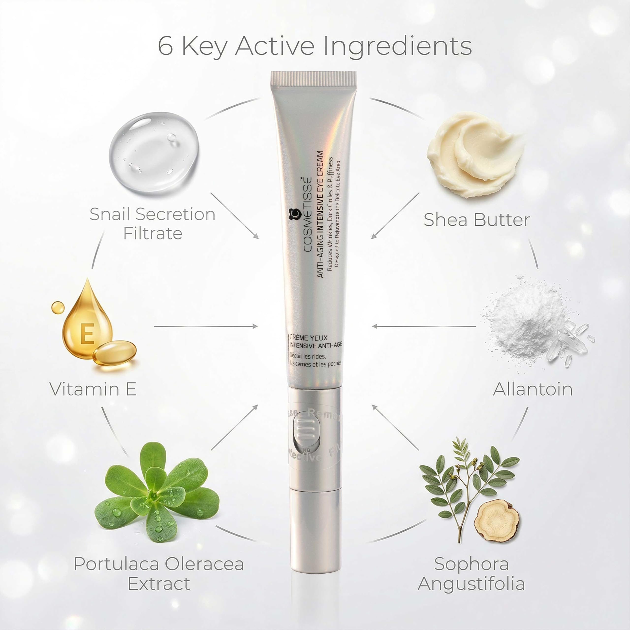 Cosmetisse Anti Aging Eye Cream for Dark Circles & Puffiness - Vibrating Metal Massager Applicator for Under Eye Bags & Wrinkles - Firming Snail Mucin, 20ml/0.68oz