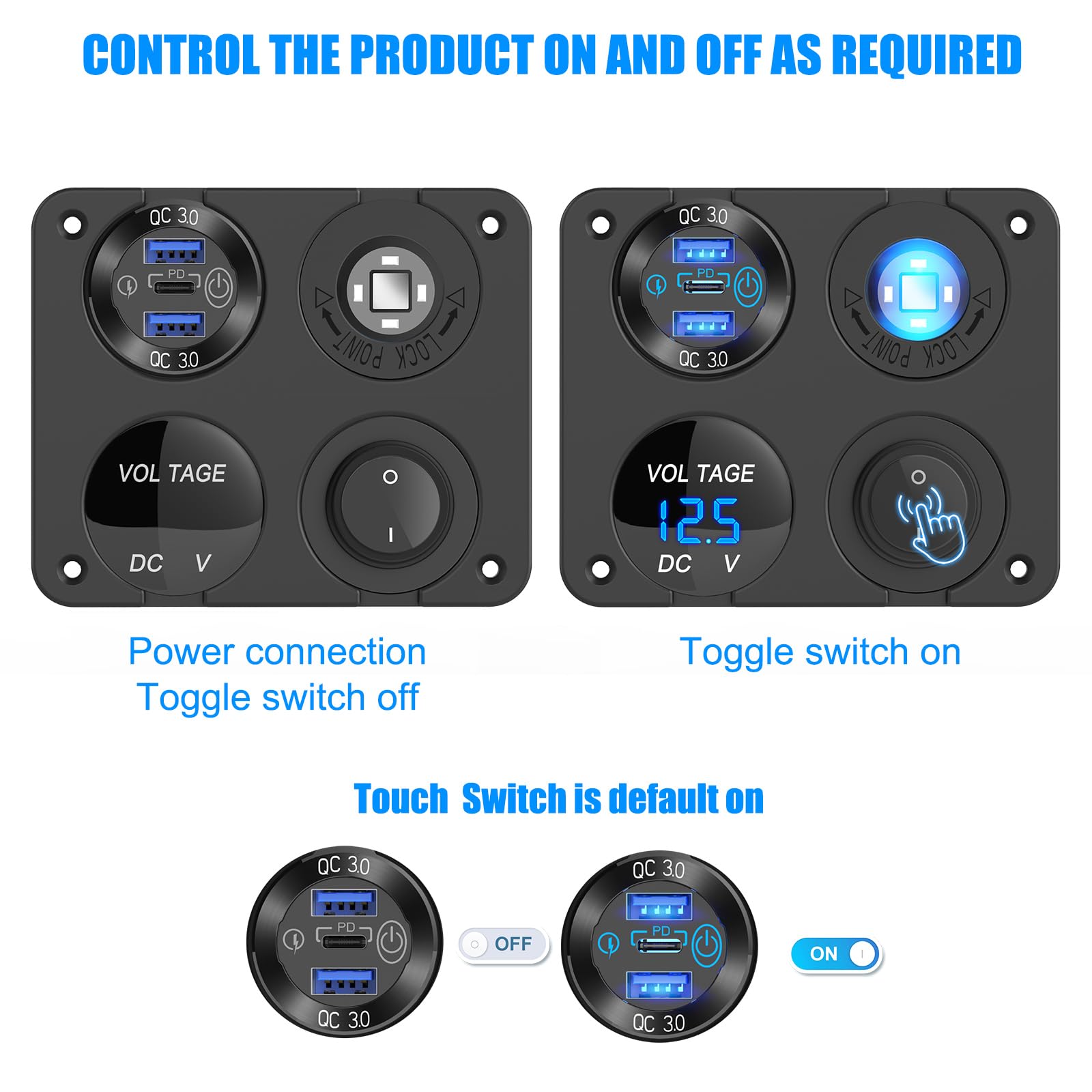 Presa USB 12Volt Accessorio per camper Pannello interruttore marino 12V, Doppio caricatore di alluminio con porta USB PD30W e QC18W, Presa accendisigari 150W, Voltmetro blu e interruttore a bilanciere