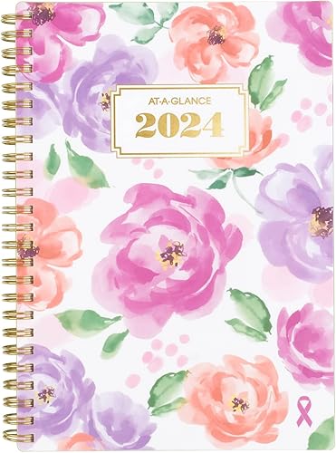 AT-A-GLANCE Planificador semanal y mensual 2024, 5-12 x 8-12 pulgadas, pequeño, pestañas mensuales, bolsillo, insignia floral (1675F-200-24)