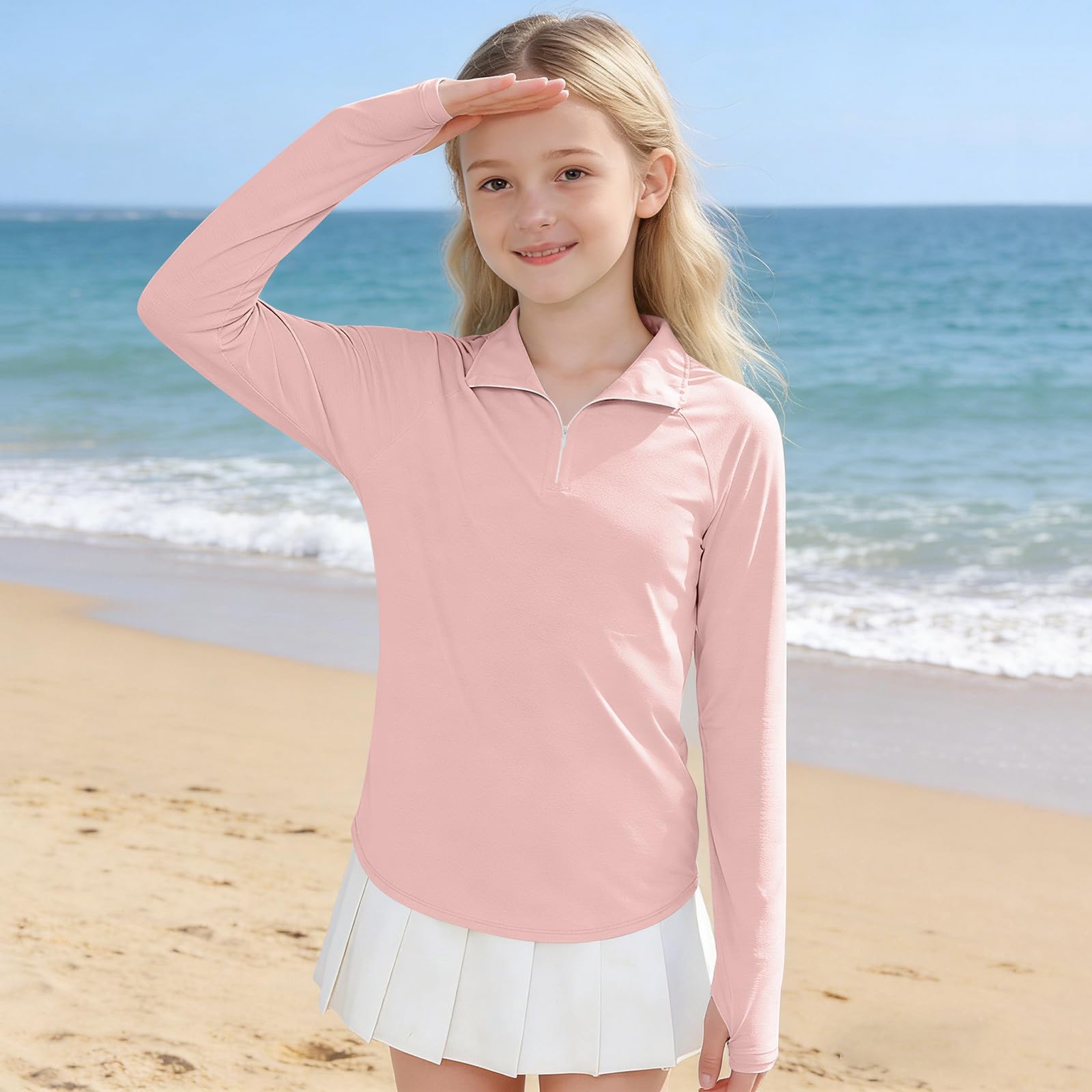 Camiseta de Protección Solar Niña Manga Larga 1/4 Cremallera Secado Rápido Transpirable Thumbhole 4-15 años