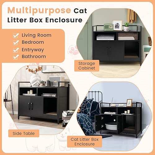 Miniatura 7 de PETSITE Caja de arena, baño de madera para gatos con compartimentos y rascador, caja grande para mascotas, caja de arena oculta para gatos