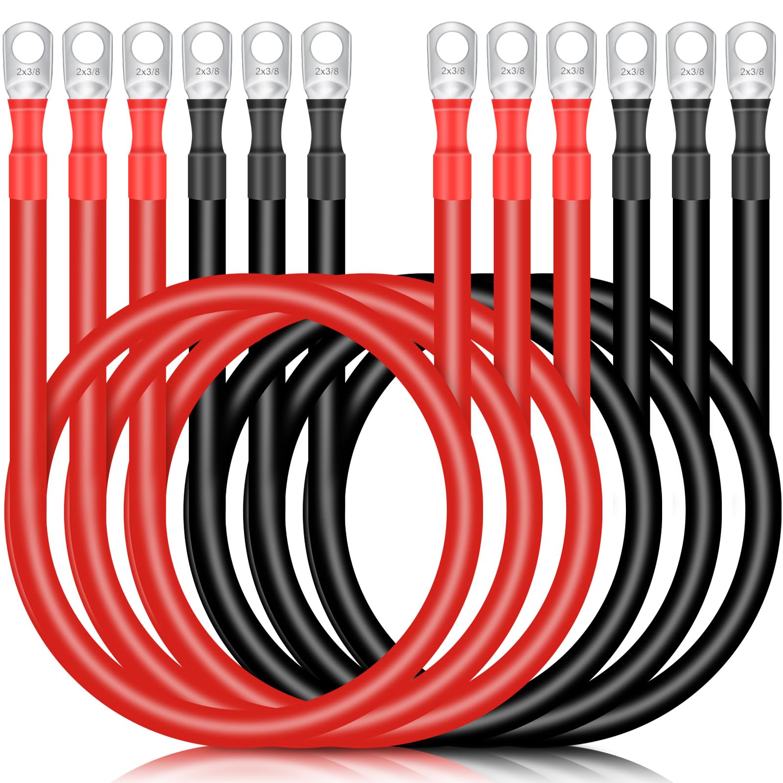 Hoteam 6 Pcs Battery Cable Copper Battery Inverter Cables with Terminals 3/8 Inch Lugs Red and Black Both Ends Power Inverter Wire for Solar