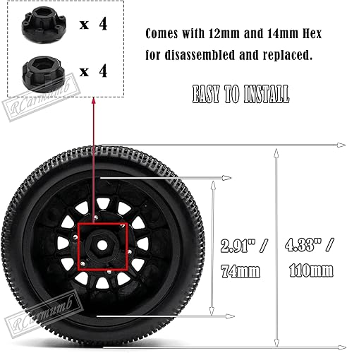 Miniatura 3 de 4 neumáticos de camión Rc, ruedas y neumáticos hexagonales RC de 0.472 in0.551 in para 110 Slash 2WD 4×4 4wd, Arrm a Senton Axia1 Red cat Rc 4wd Hex