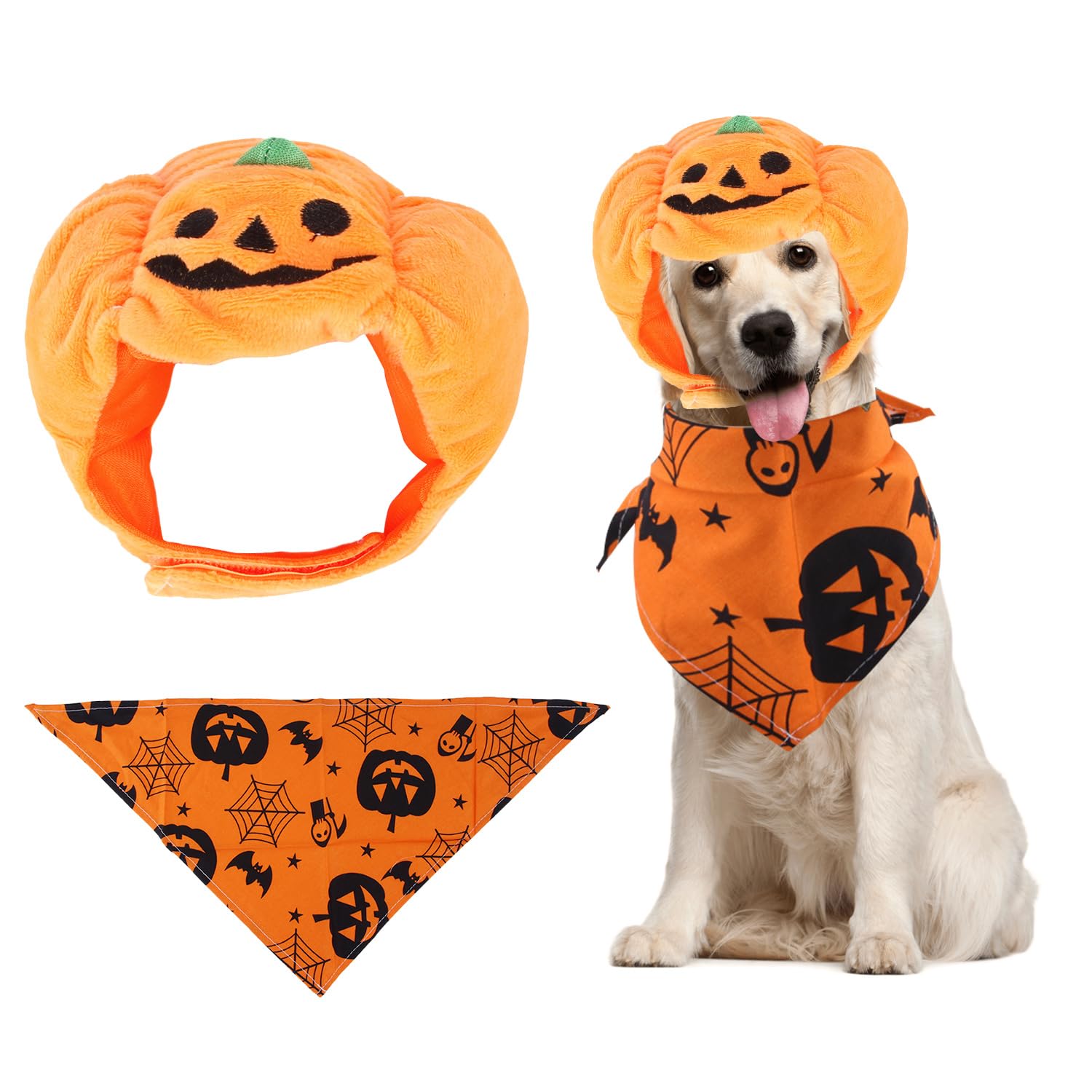 MEISH 2pcs Halloween Pet Pumpkin Hat and Halloween Dog Bandana Triangle Scarf Adjustable Pumpkin Cap Puppy Kitten Party Dress Up Accessories for Cosplay