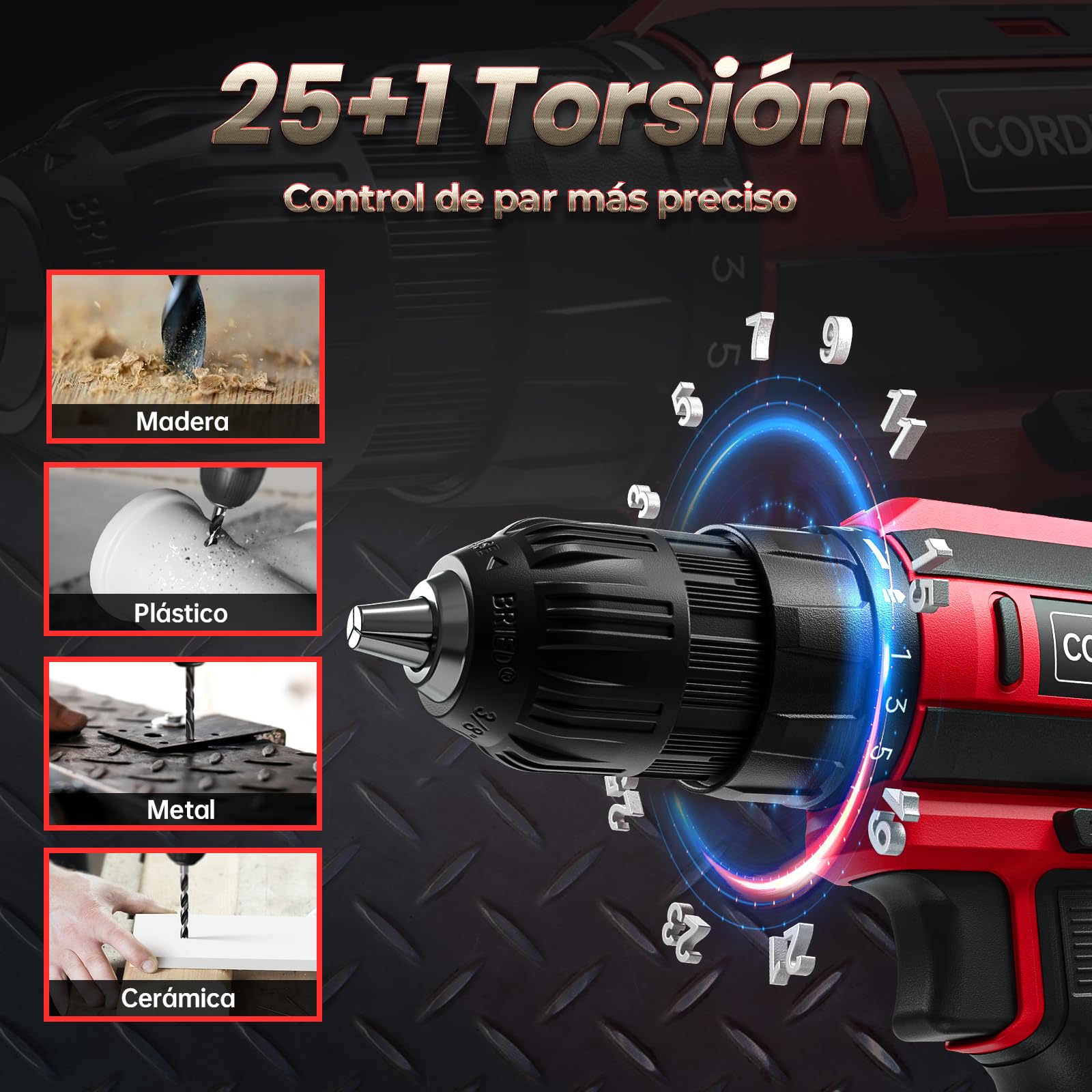 Taladro Atornillador Batería con 2 Baterías, 20V Taladro Bateria par Máximo de 42Nm, Taladro Inalámbrico 2 Velocidades, Apto para Baterías Makita, 25+1 Niveles de Par, Portabrocas 10mm, Luces LED Red