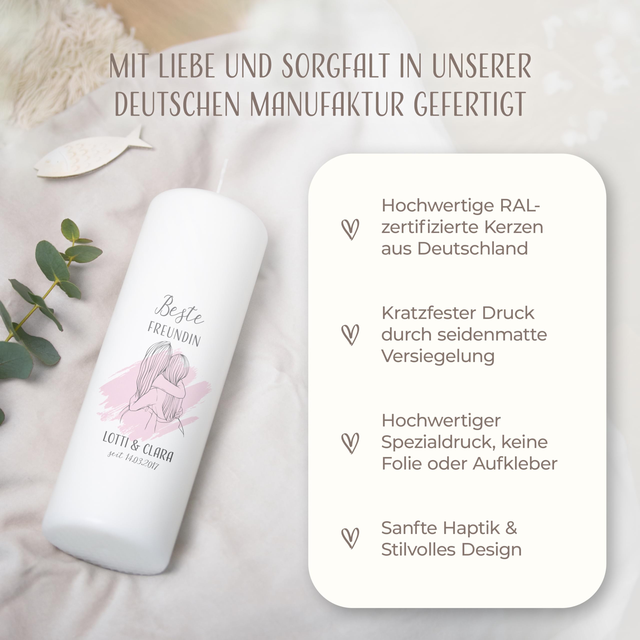 AMARI ® Freundschaftskerze BFF (002.01.01) H:25cm personalisiert -Beste Freundin Kerze - Geschenk für die beste Freundin - Besondere Kerze mit Namen & Aufschrift - Handgefertigt in Deutschland