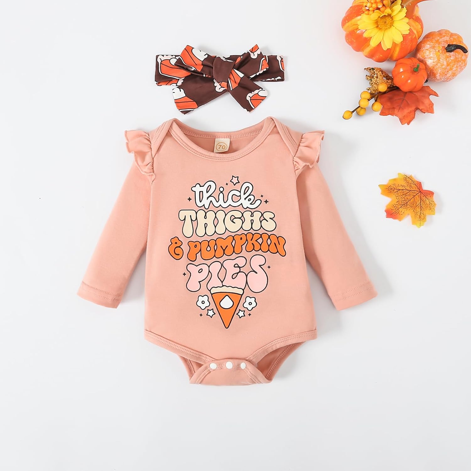 Baby Girl Thanksgiving Outfit Pumpkin Pie Romper+Flare Pants Newborn Girl Turkey Day Clothes 0-18 Months - Image 4